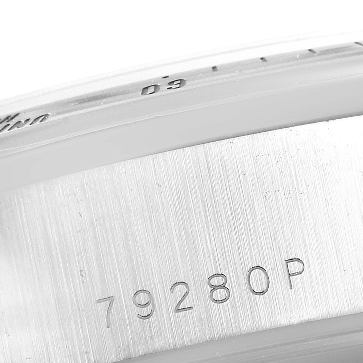 This image shows a close-up angle of the side of a Tudor Prince 79280 Men's Stainless Steel Pink Dial 79280 Men's Stainless Steel Pink Dial model watch, focusing on its brushed steel case with the model number 79280P.