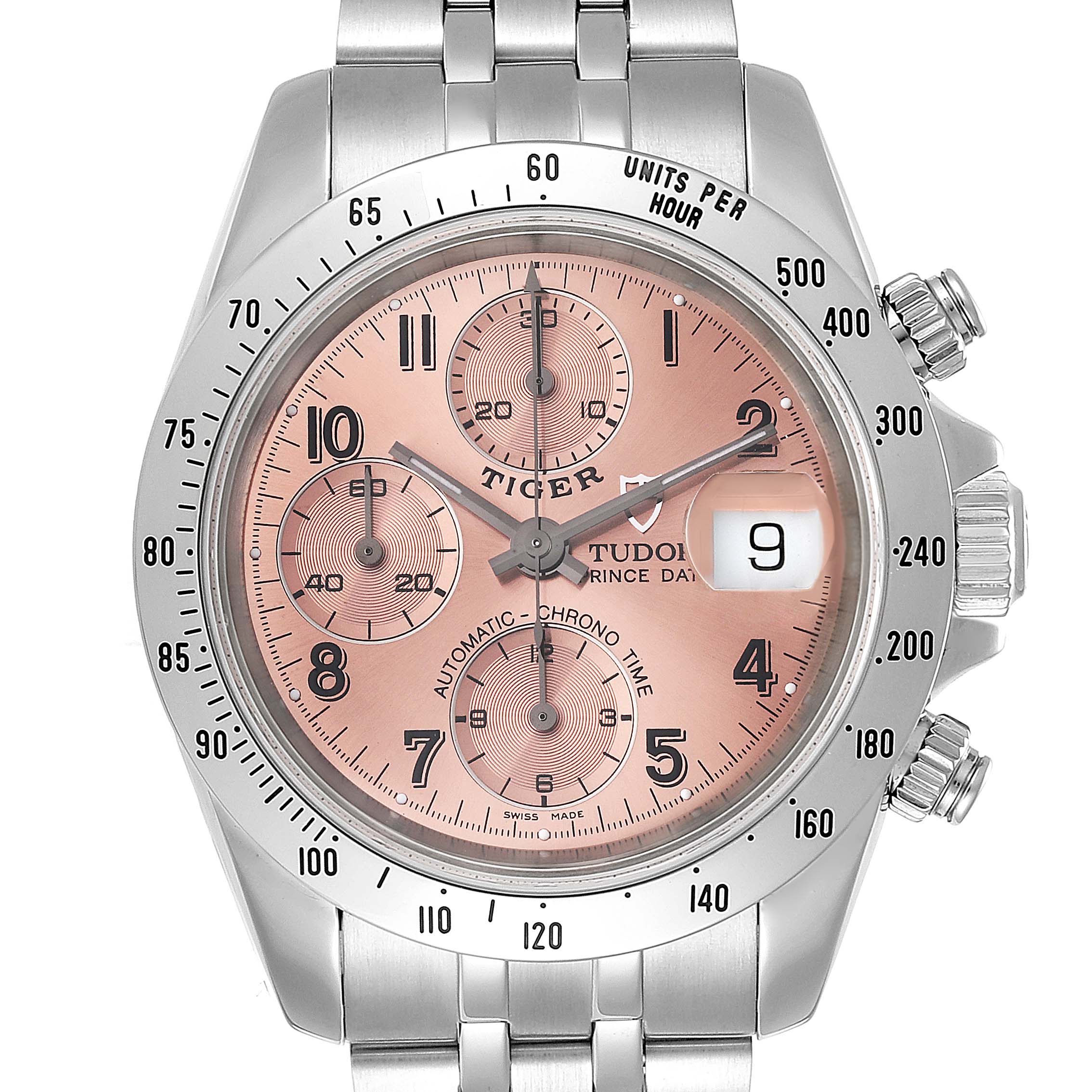 This image shows a front view of the Tudor Prince 79280 Men's Stainless Steel Pink Dial 79280 Men's Stainless Steel Pink Dial model watch, highlighting its dial, subdials, date window, and bezel.