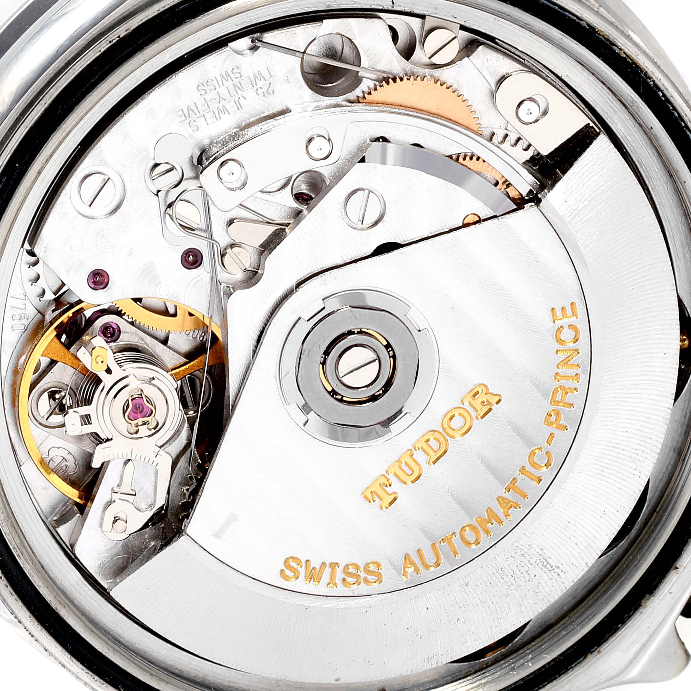 The image shows the movement mechanism of a Tudor Prince 79280 Men's Stainless Steel Pink Dial 79280 Men's Stainless Steel Pink Dial watch in close-up.