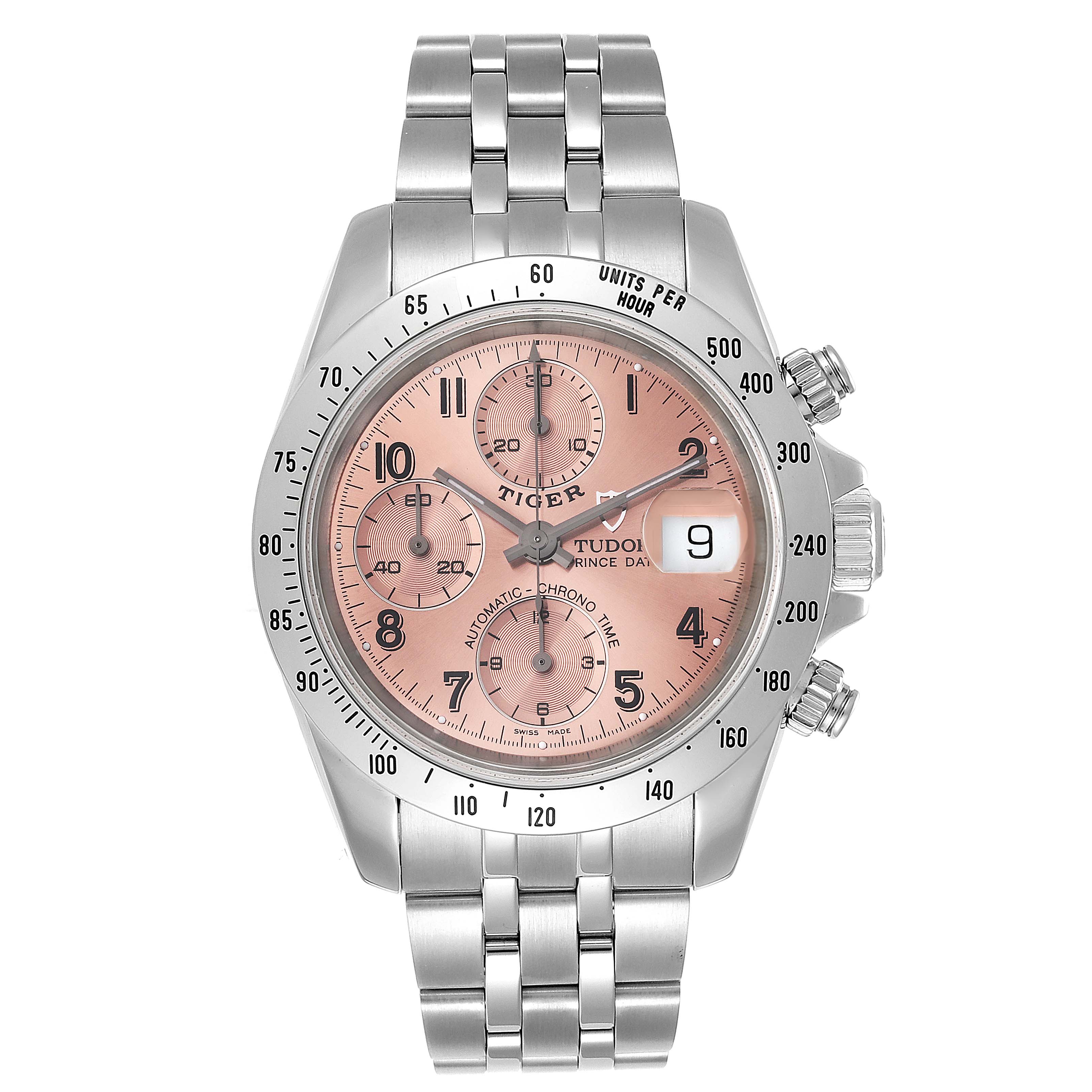 The image shows a frontal view of the Tudor Prince 79280 Men's Stainless Steel Pink Dial 79280 Men's Stainless Steel Pink Dial model watch, featuring its bracelet, bezel, and dial.