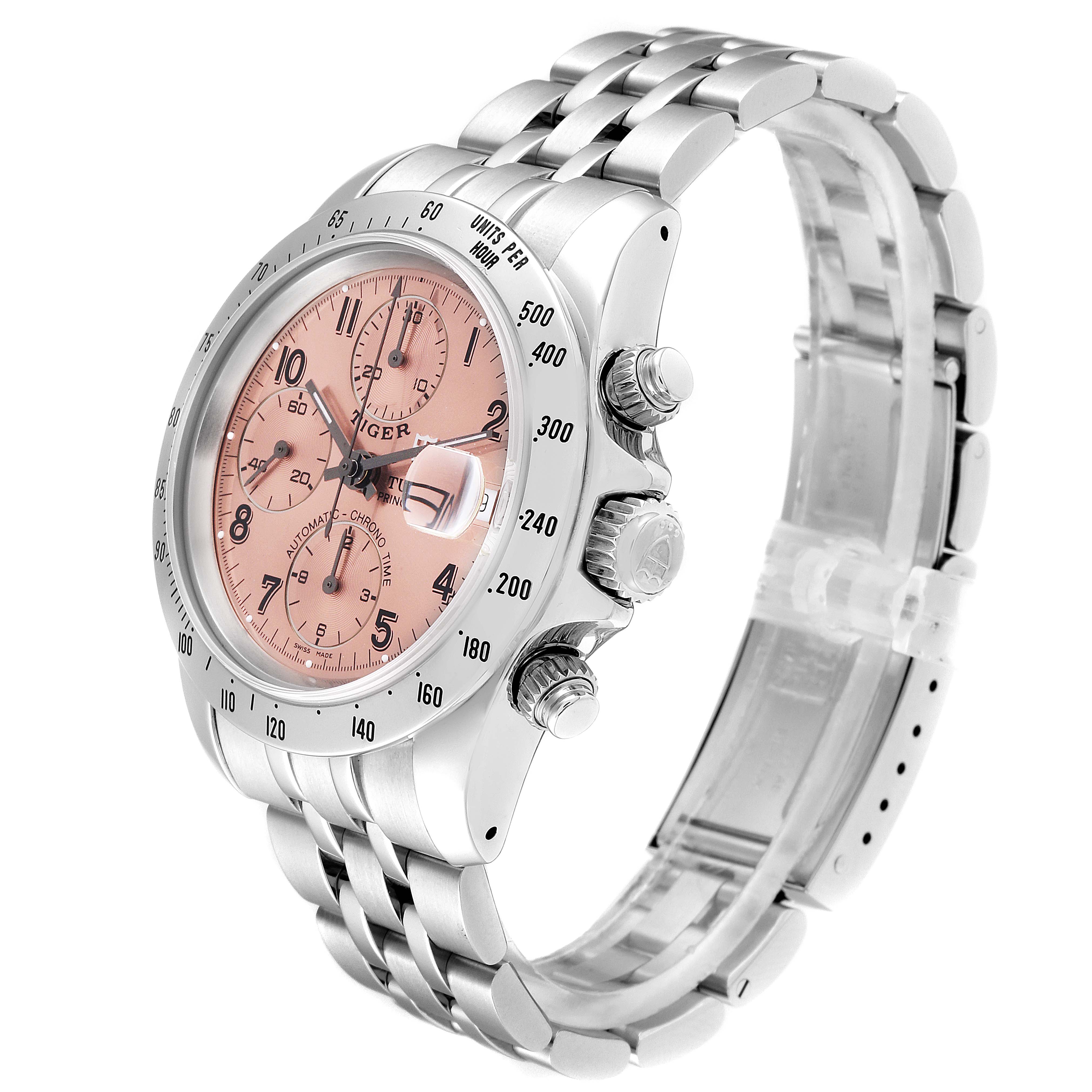 The image shows a Tudor Prince 79280 Men's Stainless Steel Pink Dial 79280 Men's Stainless Steel Pink Dial model watch at a 3/4 angle, highlighting its dial, crown, pushers, and bracelet.