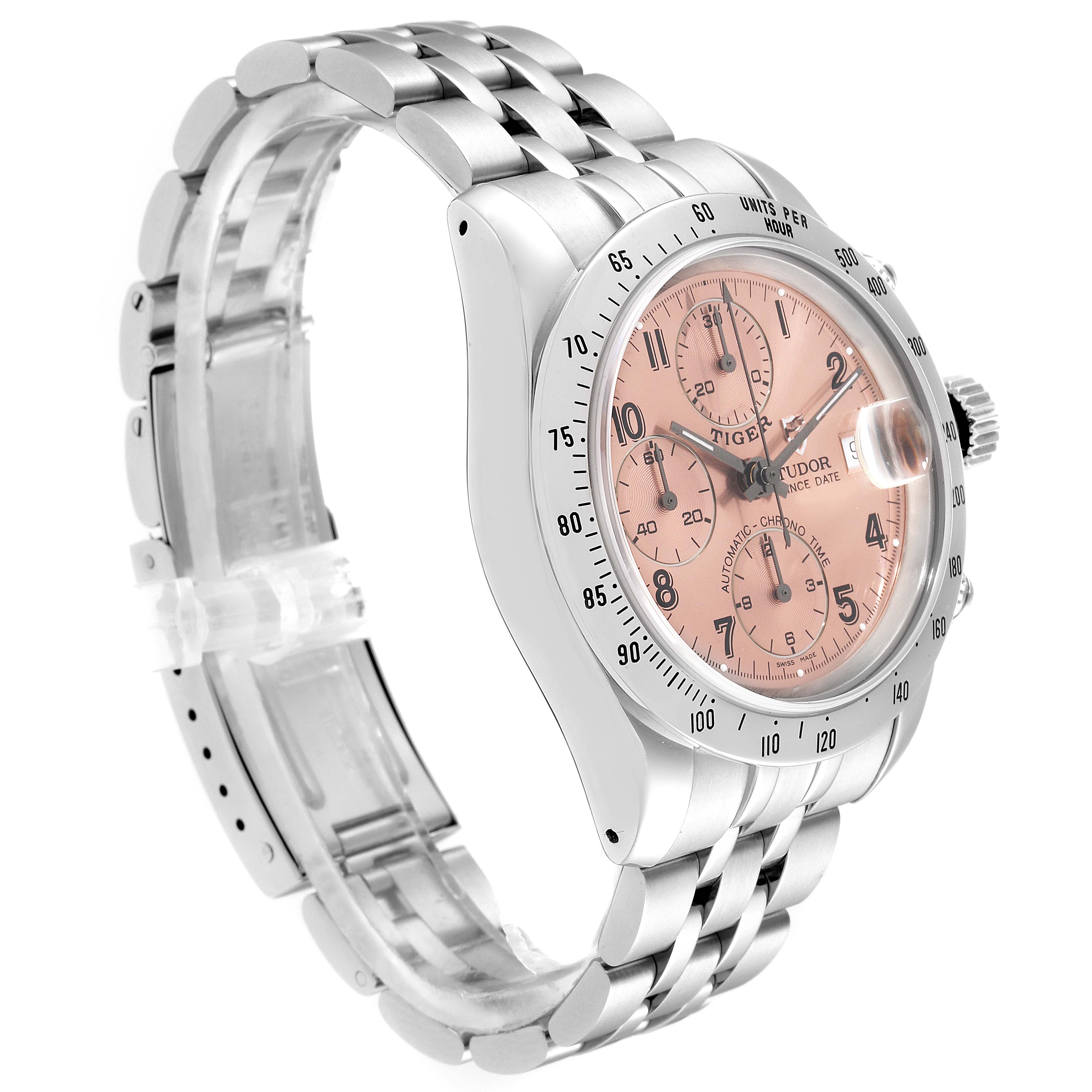 The image shows a Tudor Prince 79280 Men's Stainless Steel Pink Dial 79280 Men's Stainless Steel Pink Dial model watch angled to display the face, bezel, side buttons, and part of the metal bracelet.