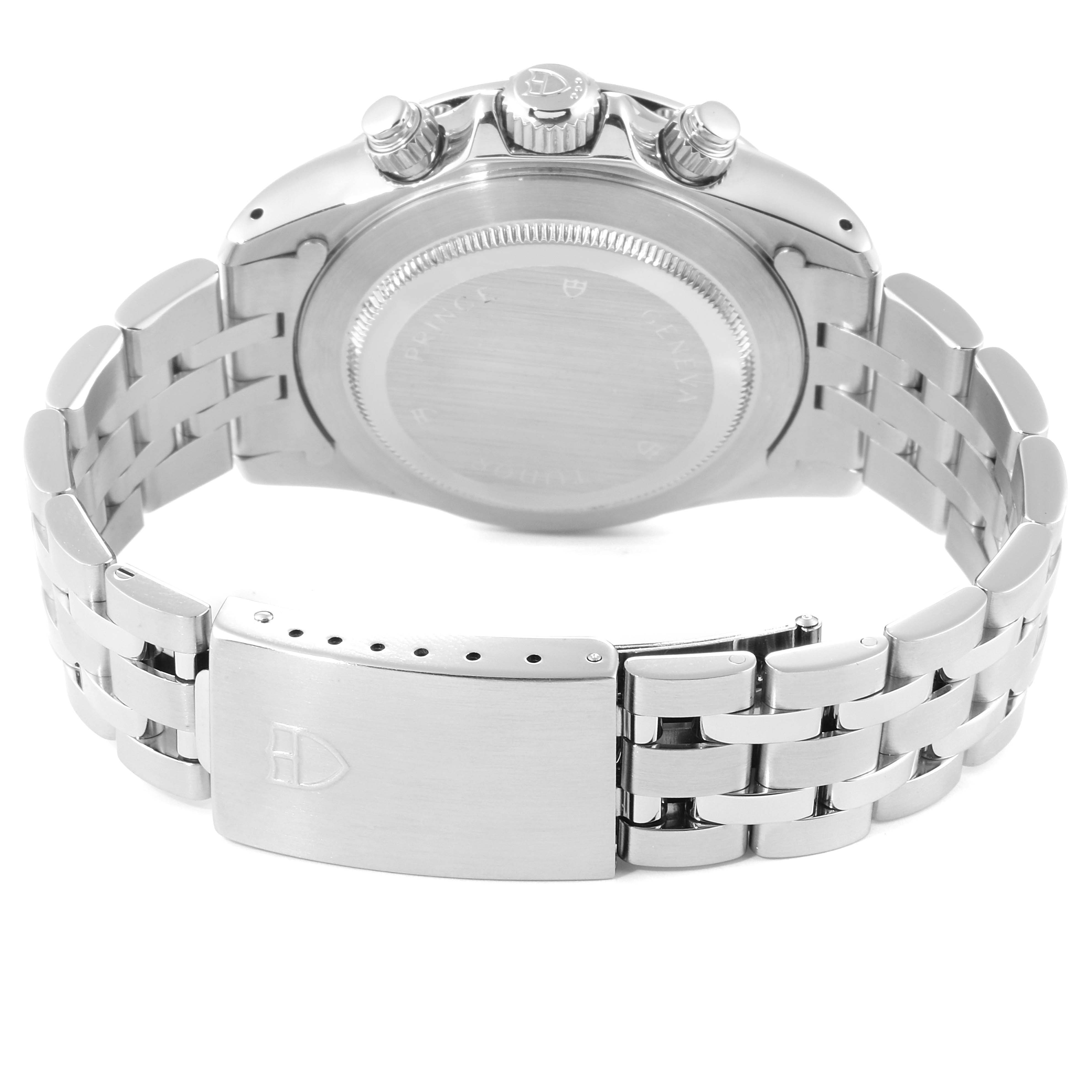 The image shows the back case, bracelet, and clasp of a Tudor Prince 79280 Men's Stainless Steel Pink Dial 79280 Men's Stainless Steel Pink Dial watch from a rear angle.