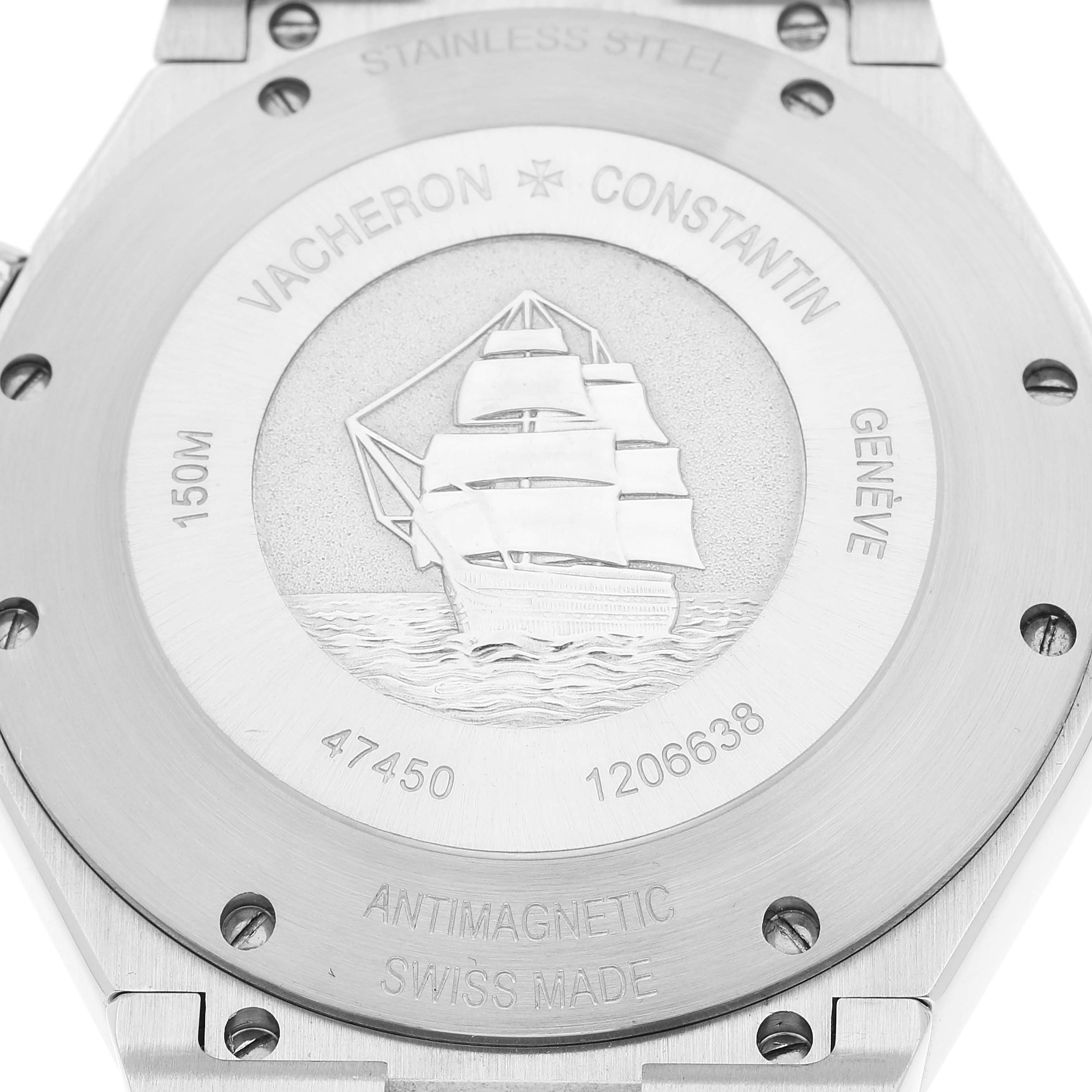 This image shows the engraved case back of a Vacheron Constantin Overseas 47450/B01A-9227 Men
s Stainless Steel Black Dial 47450/B01A-9227 Men
s Stainless Steel Black Dial model watch, highlighting its intricate details.