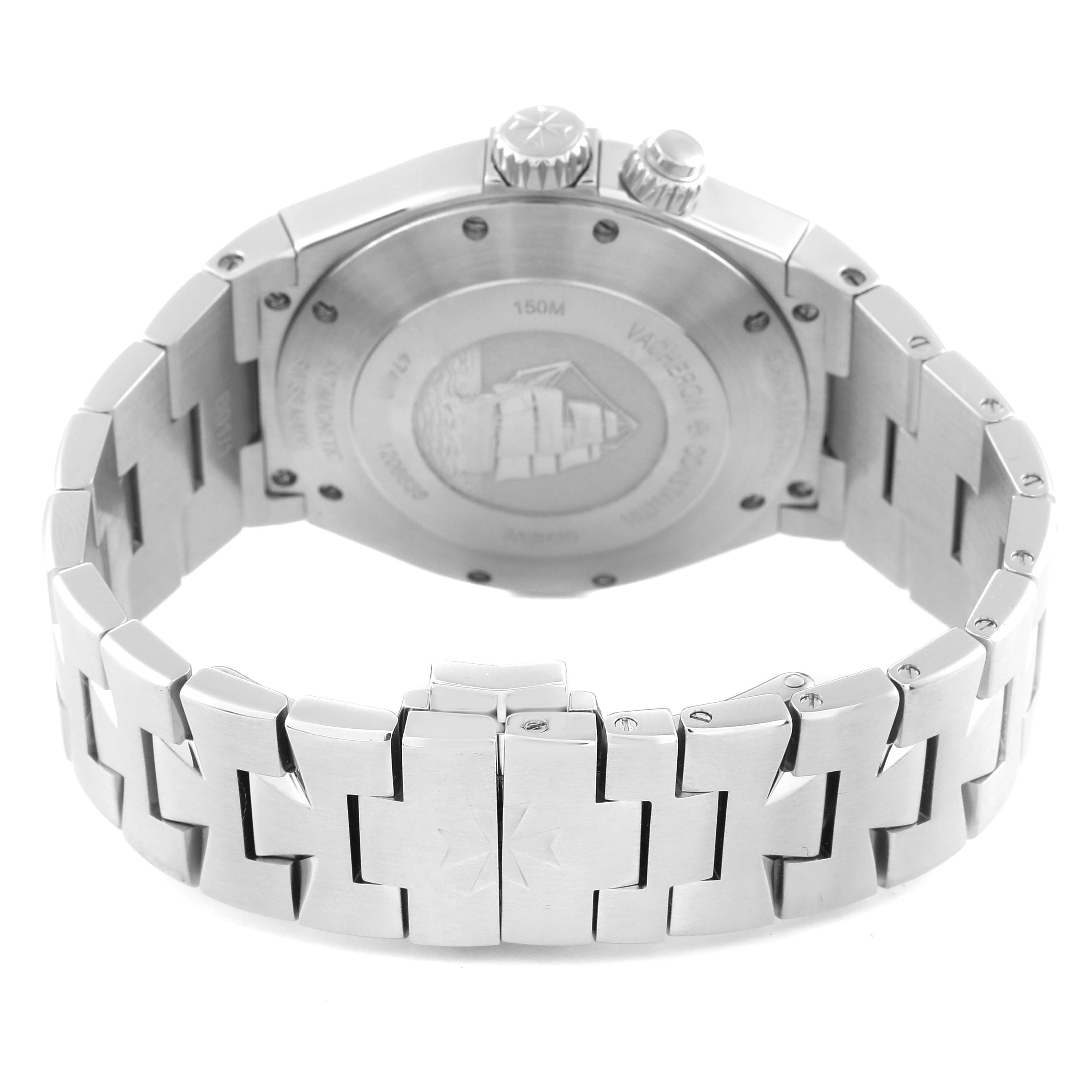 This image shows the back case and bracelet of the Vacheron Constantin Overseas 47450/B01A-9227 Men
s Stainless Steel Black Dial 47450/B01A-9227 Men
s Stainless Steel Black Dial model watch at a rear angle.