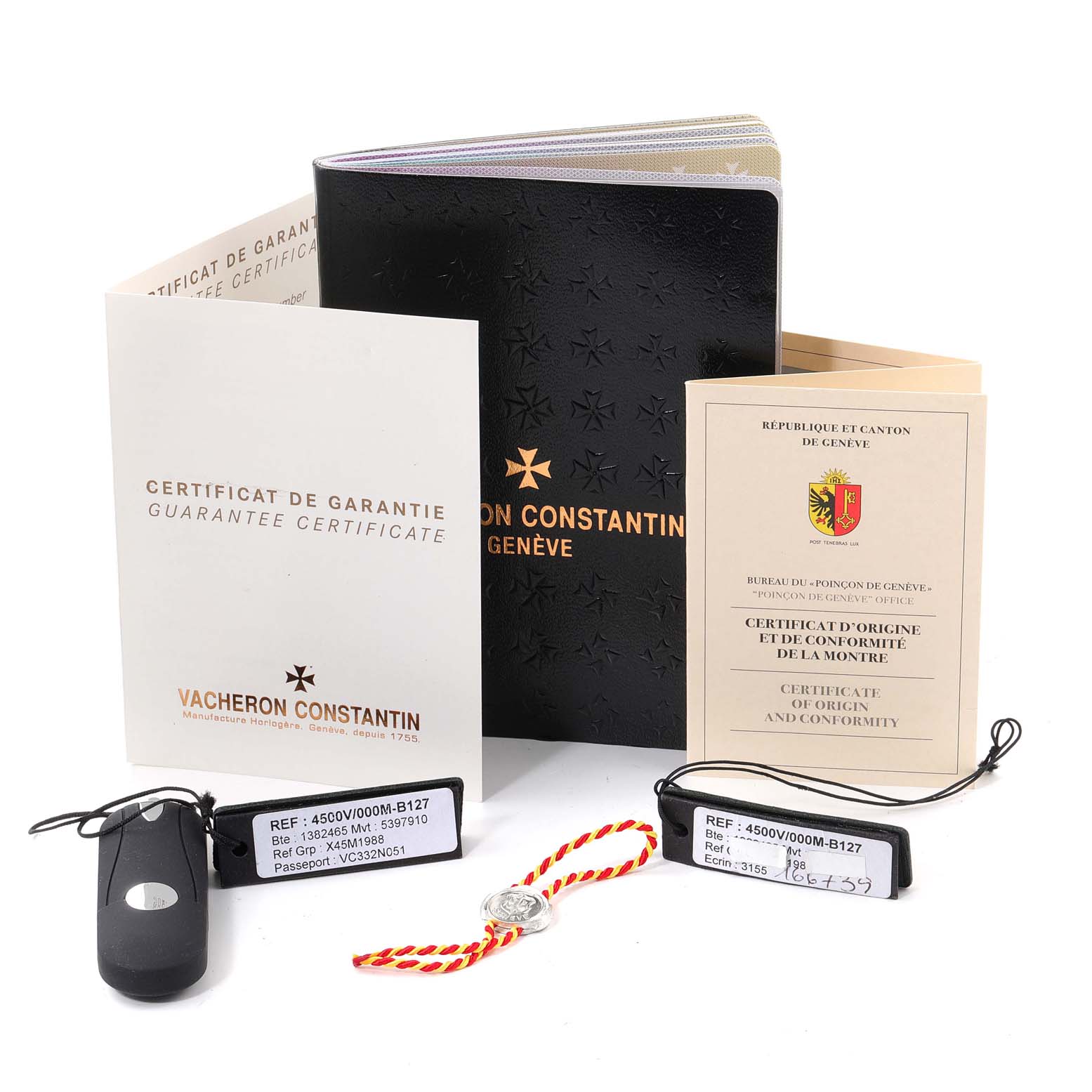 The image shows Vacheron Constantin Overseas 4500V/000M-B127 Men's Steel and Gold (two tone) Silver Dial model documentation and tags, including guarantee certificates and a booklet.