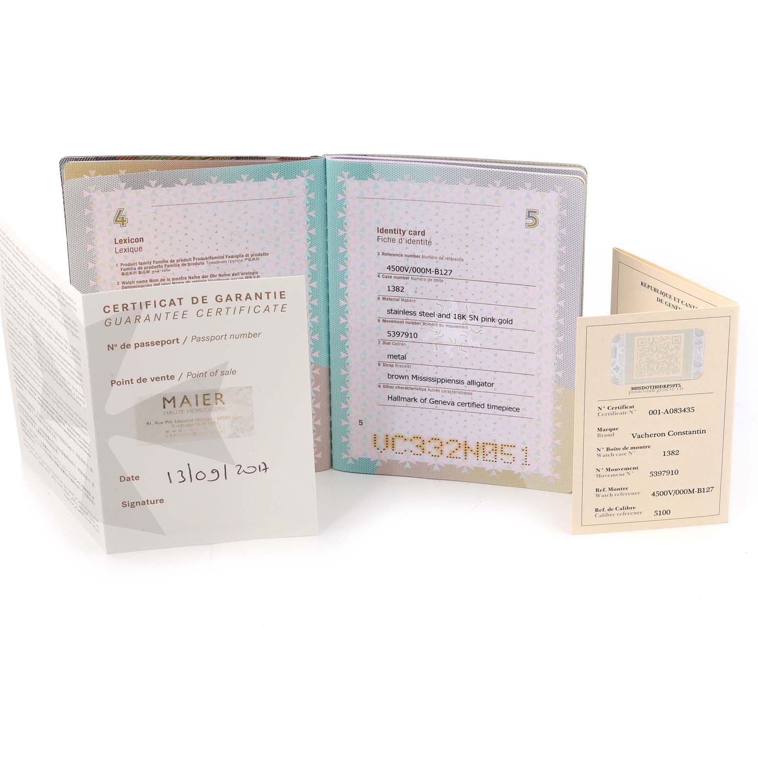 The image shows the warranty and identity documents for the Vacheron Constantin Overseas 4500V/000M-B127 Men's Steel and Gold (two tone) Silver Dial model watch, displayed partially open.