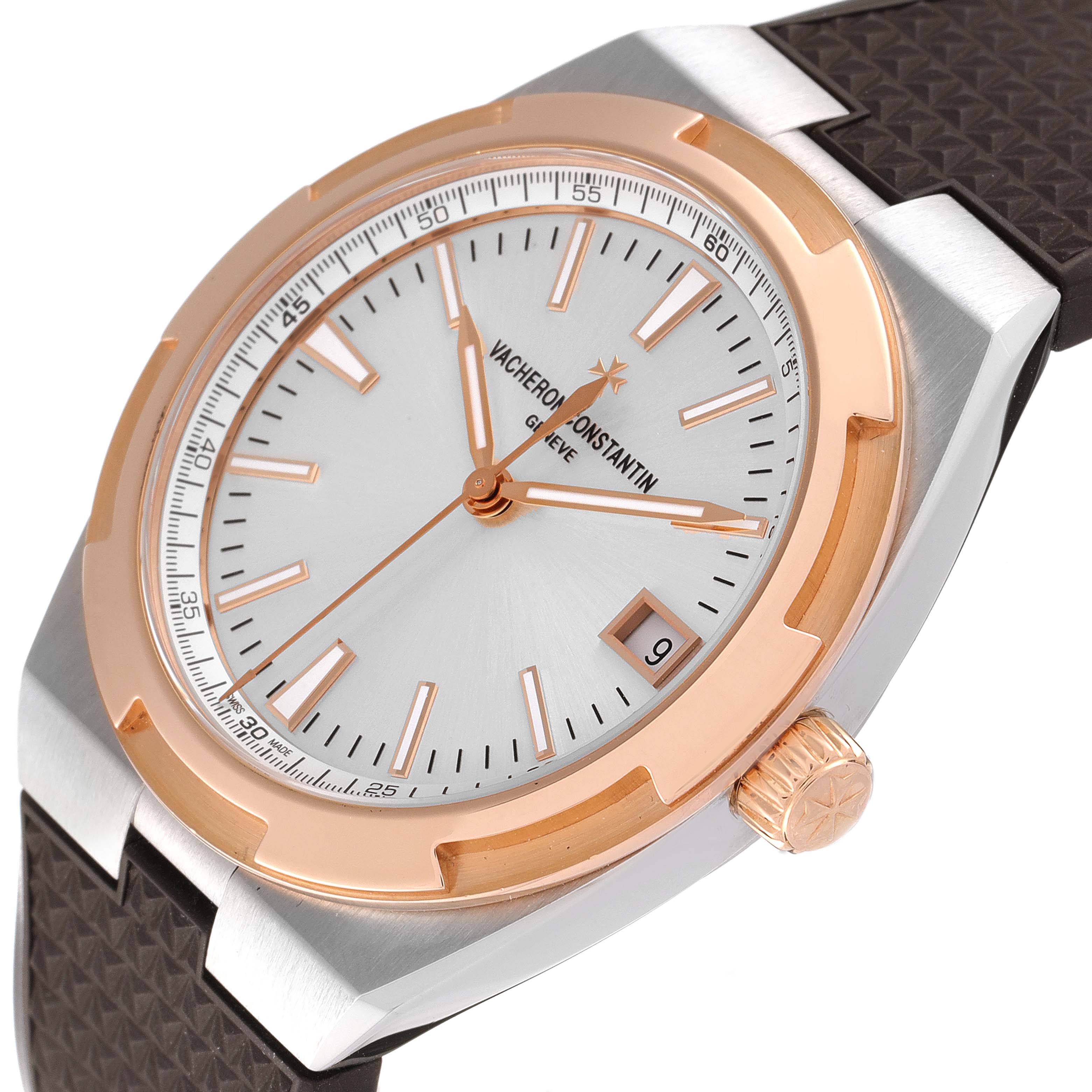 The Vacheron Constantin Overseas 4500V/000M-B127 Men's Steel and Gold (two tone) Silver Dial watch is shown at an angled view, highlighting the dial, rose gold bezel, crown, and strap attachment.
