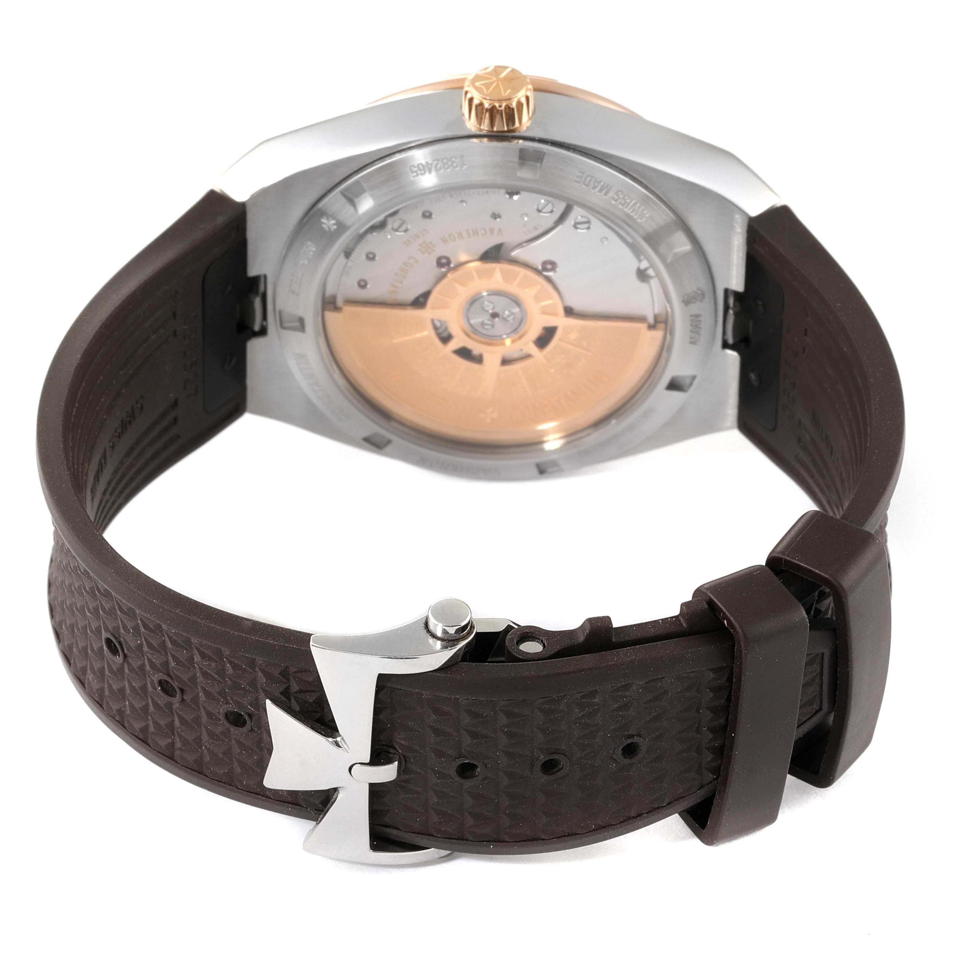 The image shows the case back and strap of the Vacheron Constantin Overseas 4500V/000M-B127 Men's Steel and Gold (two tone) Silver Dial watch, highlighting the movement and clasp.