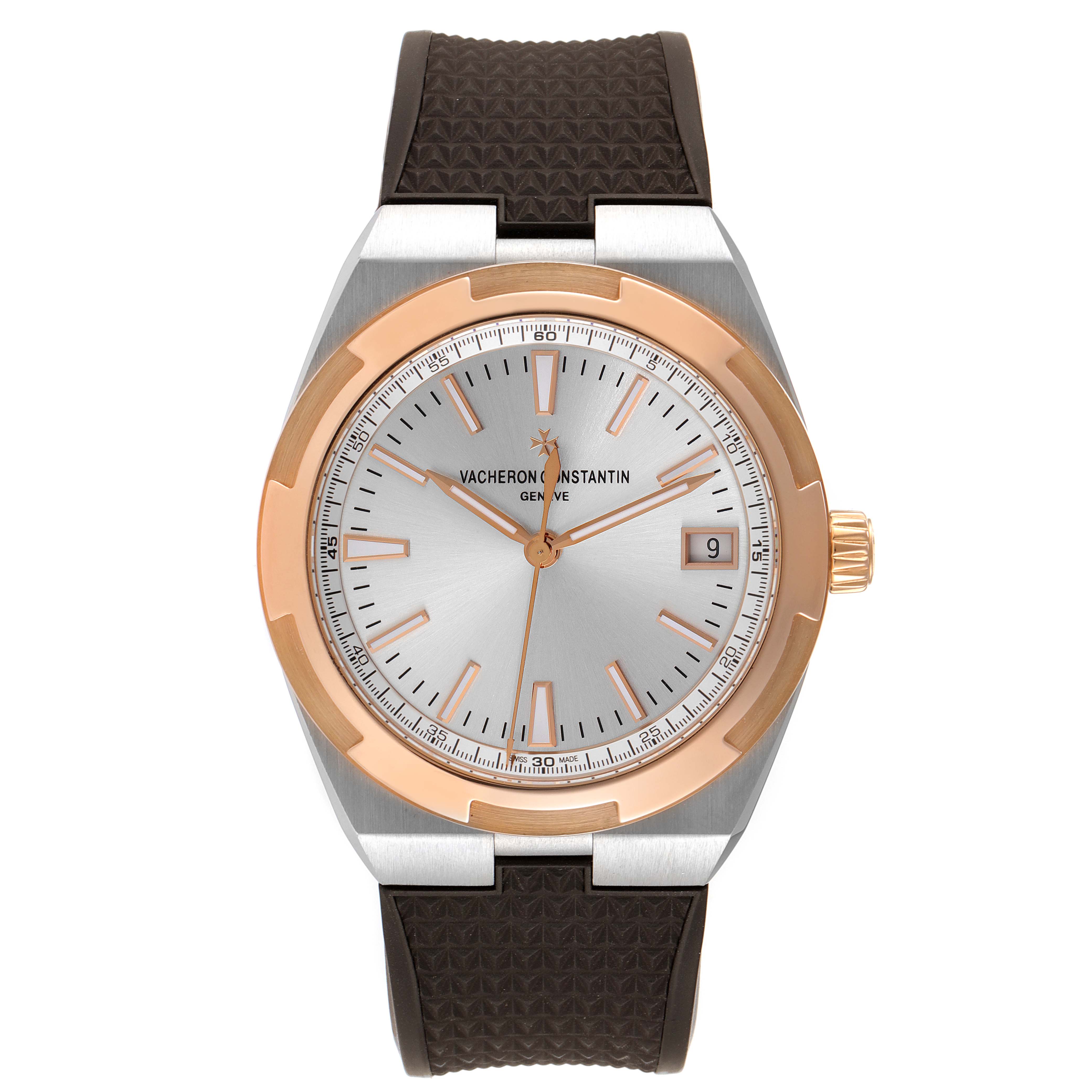 The Vacheron Constantin Overseas 4500V/000M-B127 Men's Steel and Gold (two tone) Silver Dial watch is shown from a top-down angle, highlighting its dial, bezel, crown, and strap.