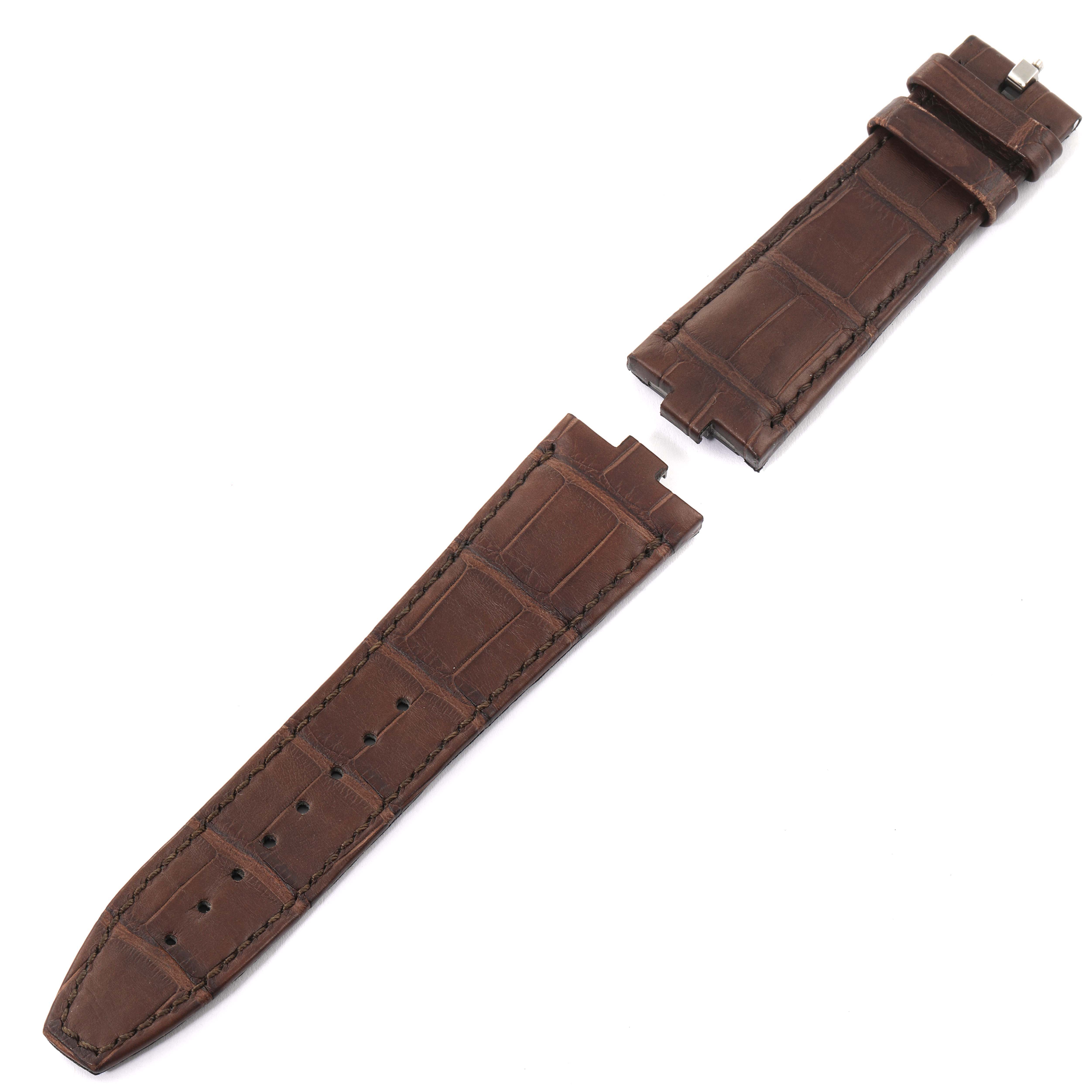 The image shows a brown leather strap for the Vacheron Constantin Overseas 4500V/000M-B127 Men's Steel and Gold (two tone) Silver Dial watch, with stitching and a clasp, viewed from above.