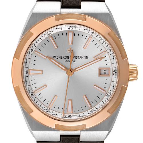 The Vacheron Constantin Overseas 4500V/000M-B127 Men's Steel and Gold (two tone) Silver Dial model is shown from a front angle, displaying the dial, bezel, and crown.
