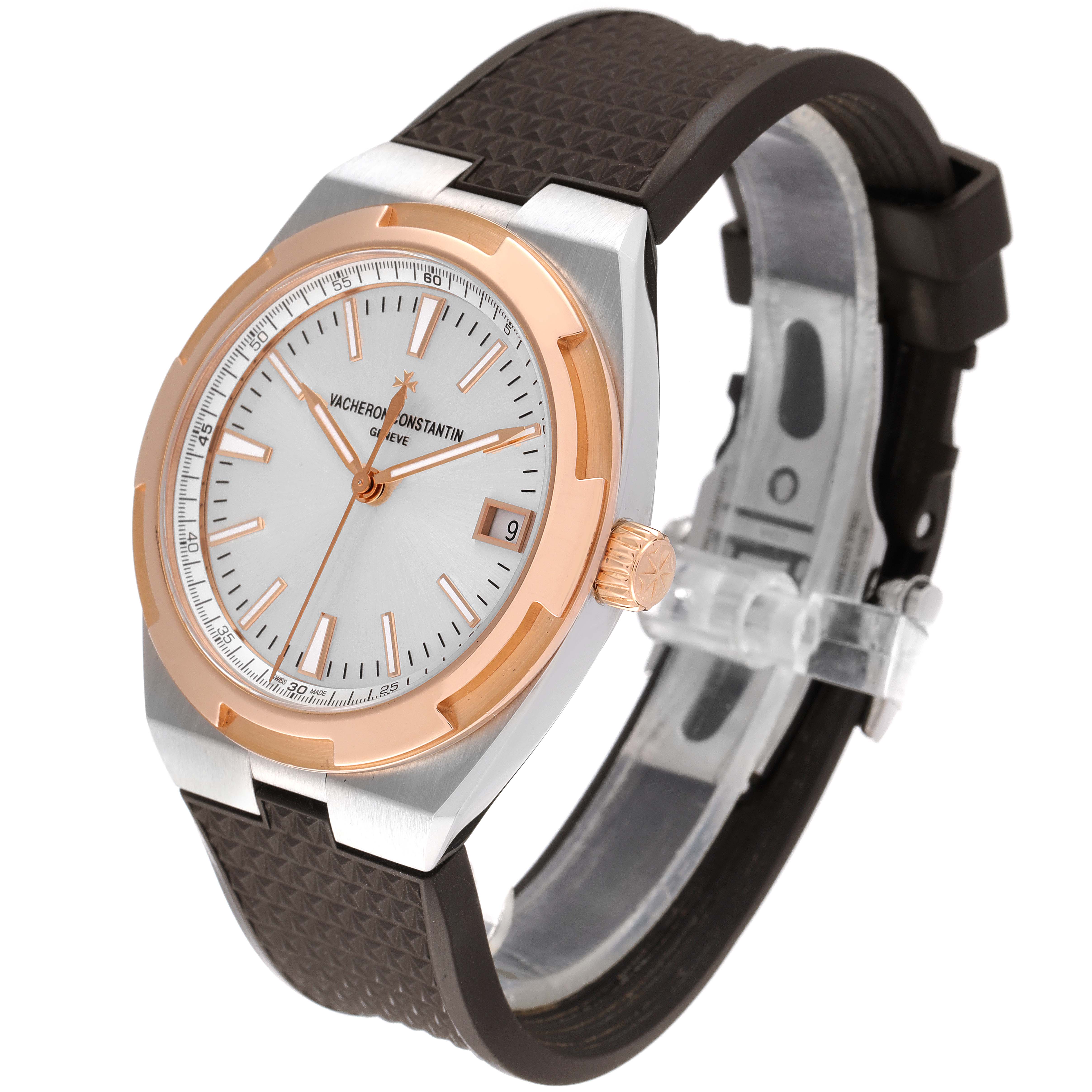 The Vacheron Constantin Overseas 4500V/000M-B127 Men's Steel and Gold (two tone) Silver Dial watch is shown at a slight angle, featuring the bezel, crown, dial, hands, and strap.