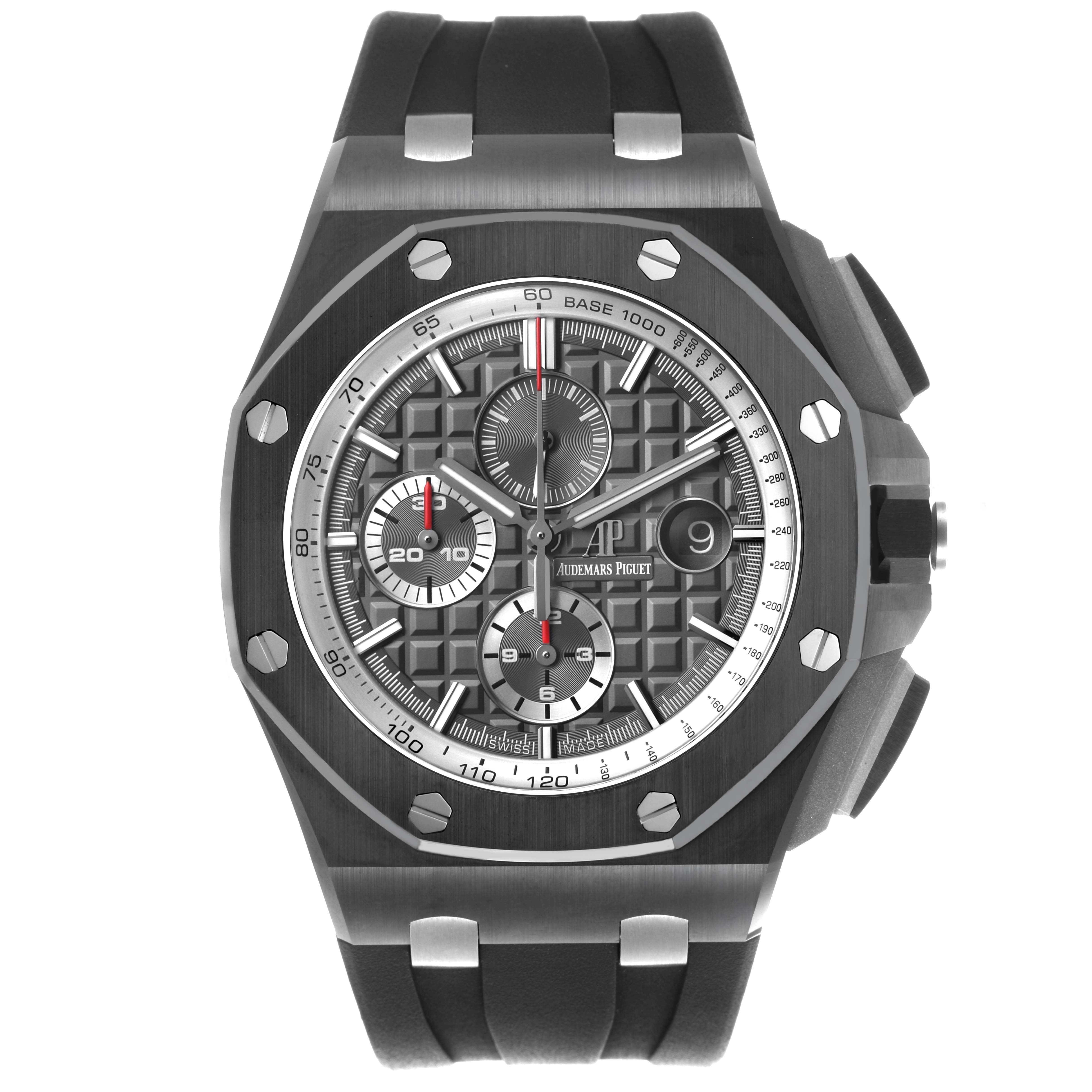 The image shows a front view of the Audemars Piguet Royal Oak Offshore 26405CE Men's Ceramic Grey Dial watch, displaying the dial, subdials, and bezel.