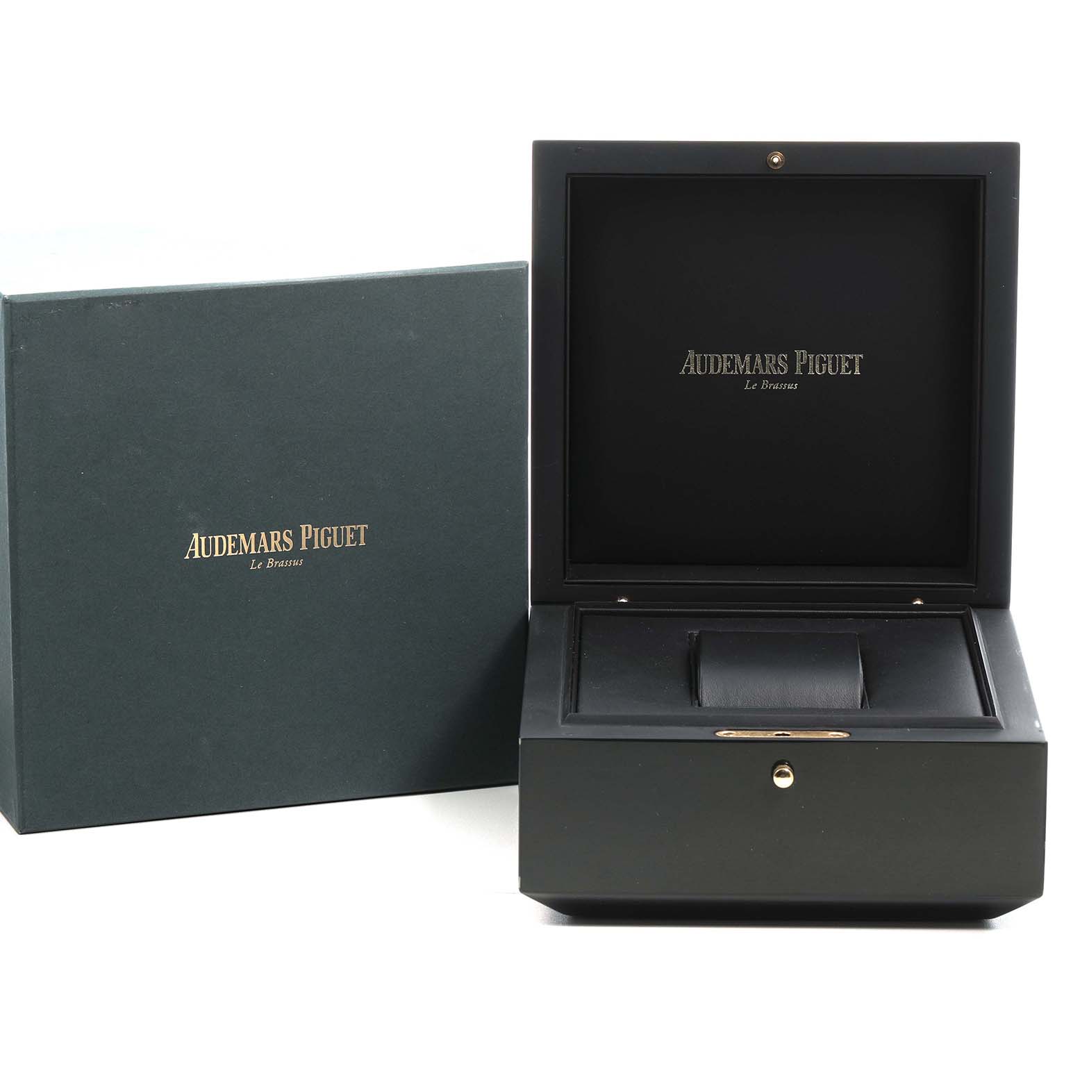 The image shows the packaging of the Royal Oak Offshore by Audemars Piguet, featuring an open display box and outer box at a front angle.