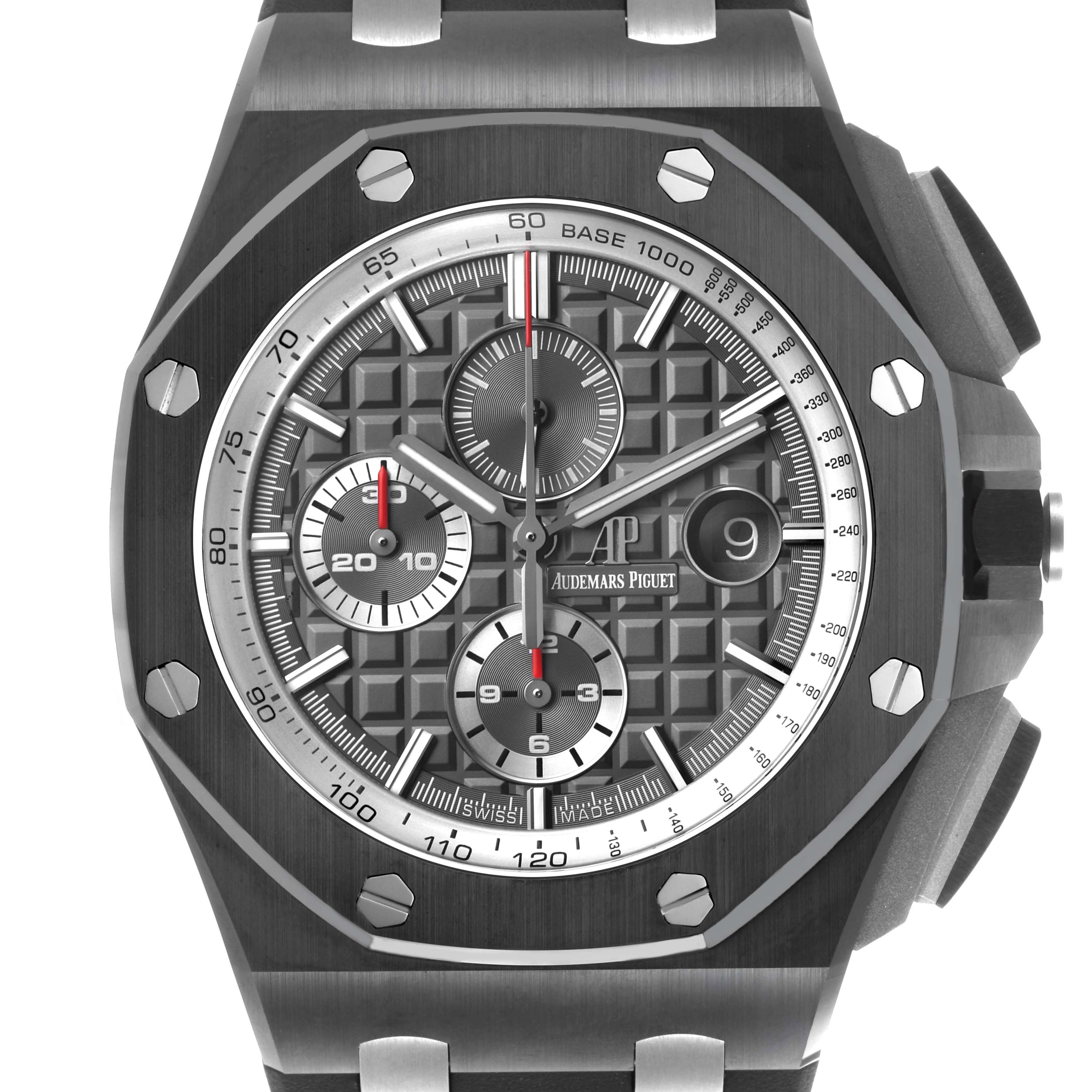 The Audemars Piguet Royal Oak Offshore 26405CE Men's Ceramic Grey Dial watch is shown from the front, highlighting its dial, bezel, and pushers.