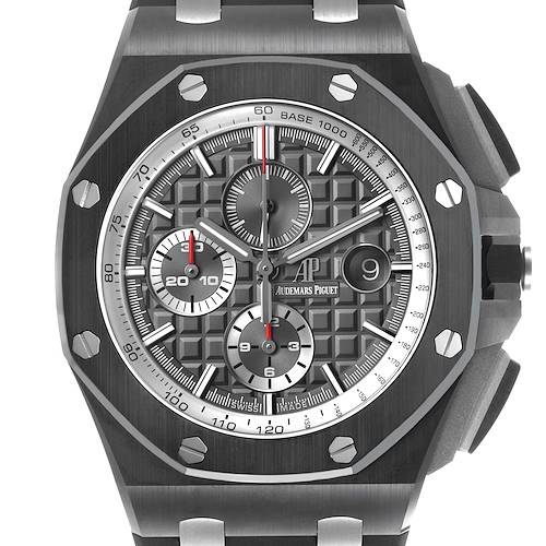 The image shows a front view of the Audemars Piguet Royal Oak Offshore 26405CE Men's Ceramic Grey Dial, highlighting the dial, subdials, and bezel.