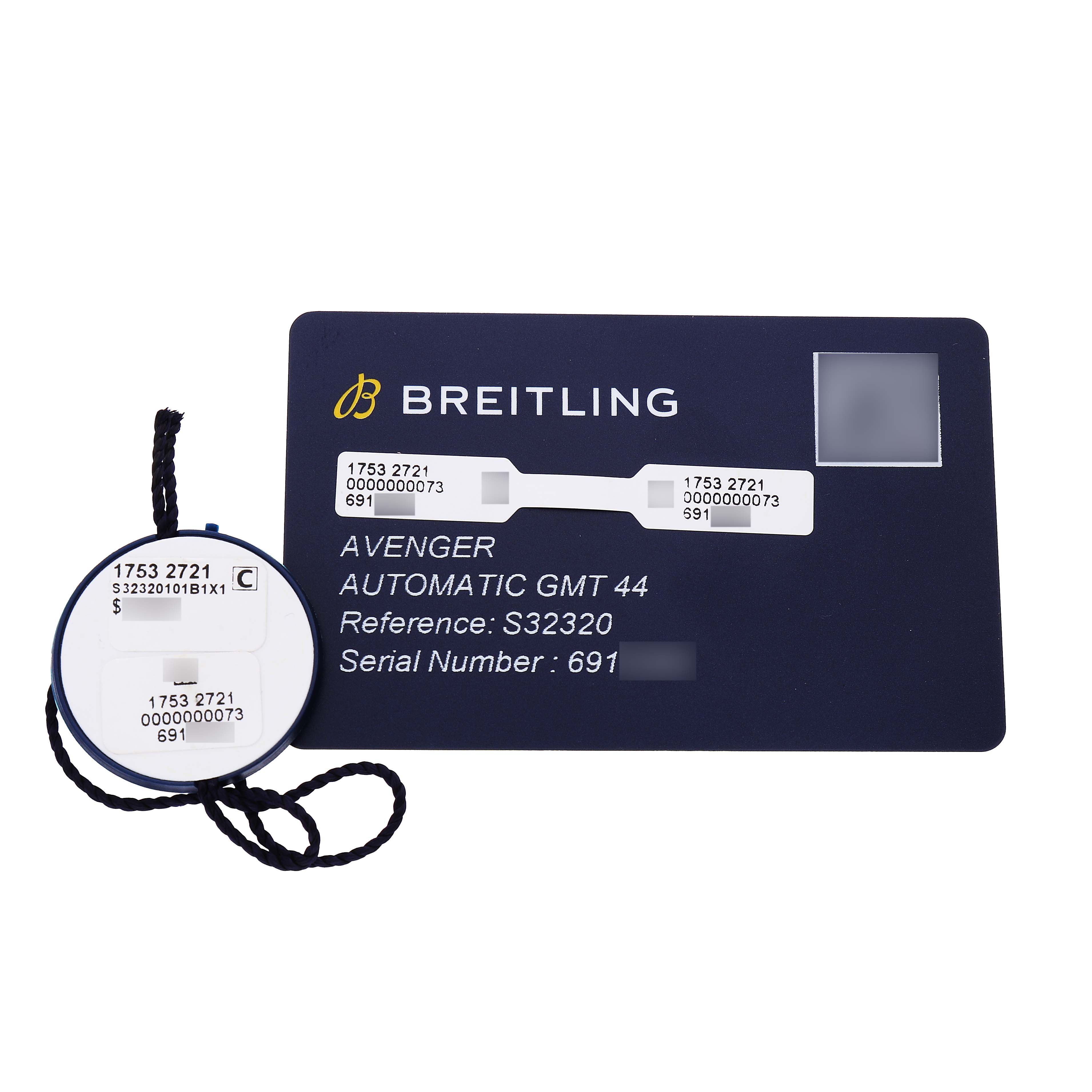 The image shows a Breitling Avenger S32320 Men's Ceramic Black Dial model warranty card with a hang tag displaying serial and reference numbers.