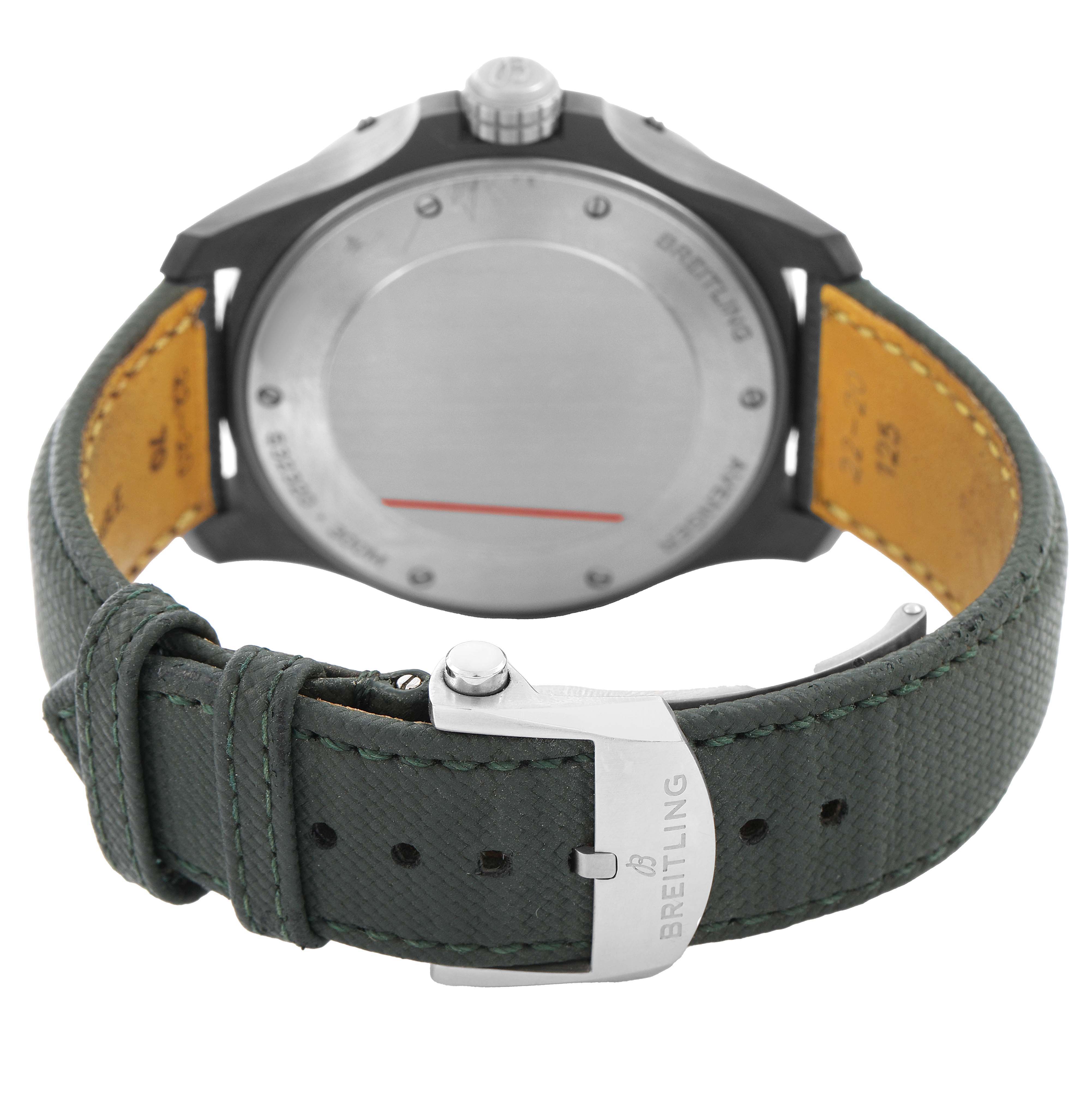The image shows the back of a Breitling Avenger S32320 Men's Ceramic Black Dial watch, highlighting its case back, crown, and leather strap with buckle.