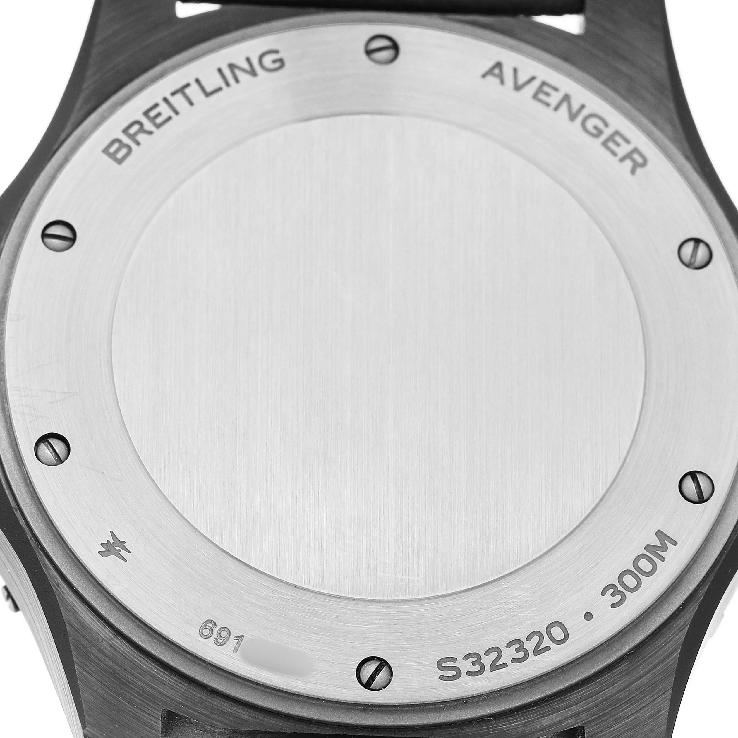 The image shows the back case of the Breitling Avenger S32320 Men's Ceramic Black Dial watch, displaying the brand, model, and water resistance details.