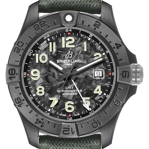 The Breitling Avenger S32320 Men's Ceramic Black Dial watch is shown from the front, displaying the dial, bezel, hands, and partially visible strap.