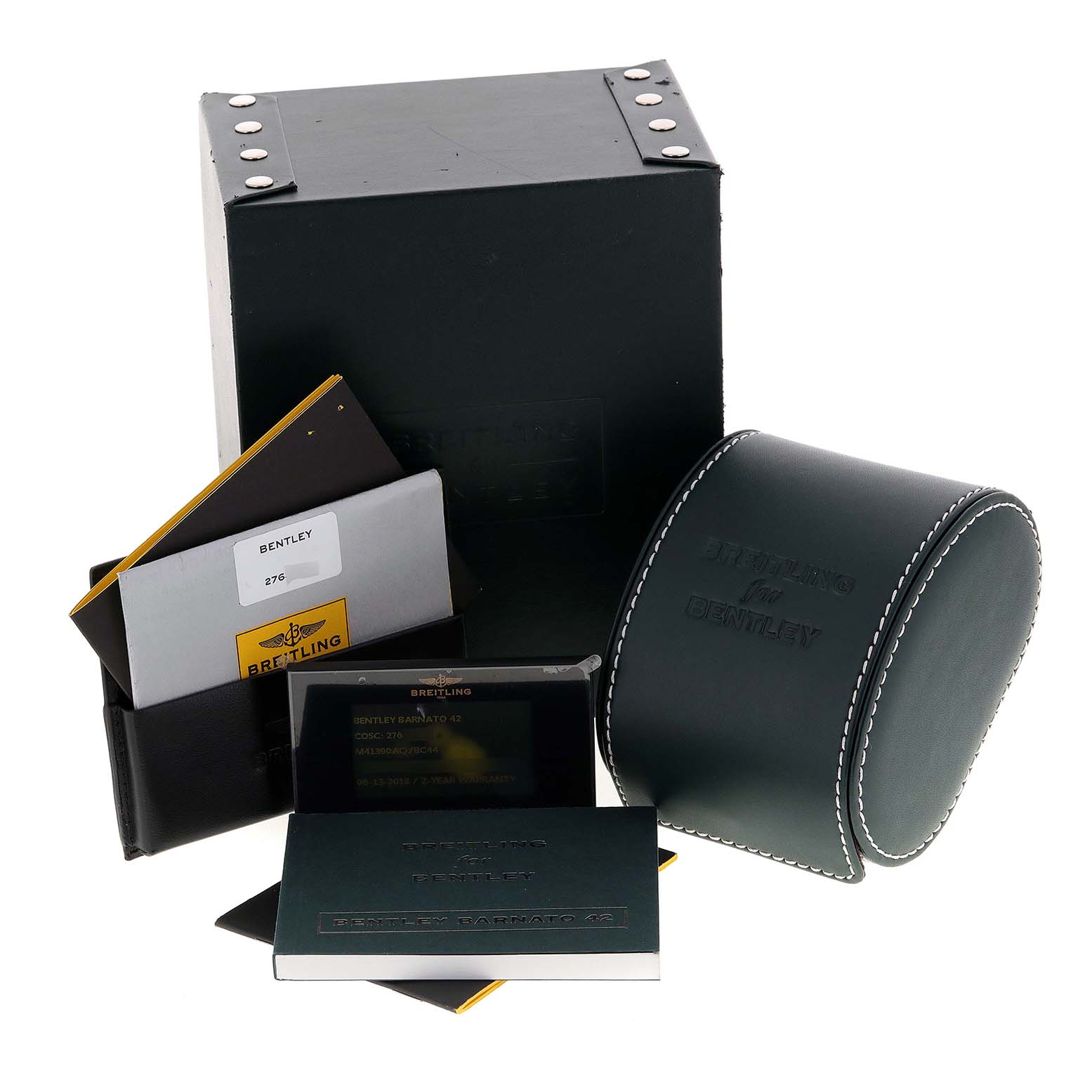 The image shows the packaging, booklet, documents, and travel case for a Breitling Bentley M41390 Men's Stainless Steel Black Dial M41390 Men's Stainless Steel Black Dial watch.