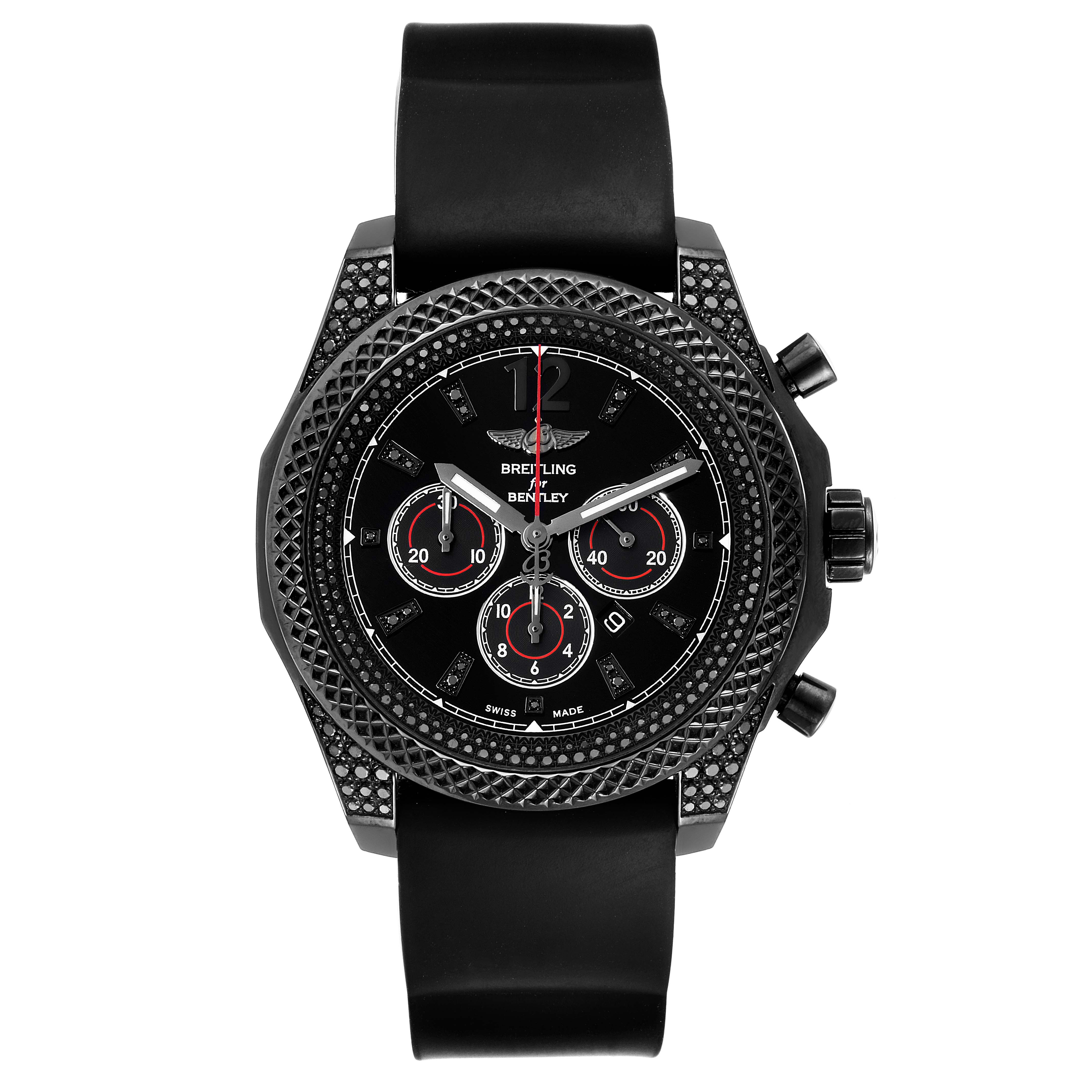 The image shows a front view of the Breitling Bentley M41390 Men's Stainless Steel Black Dial M41390 Men's Stainless Steel Black Dial watch, highlighting its black dial, bezels, and chronograph features.