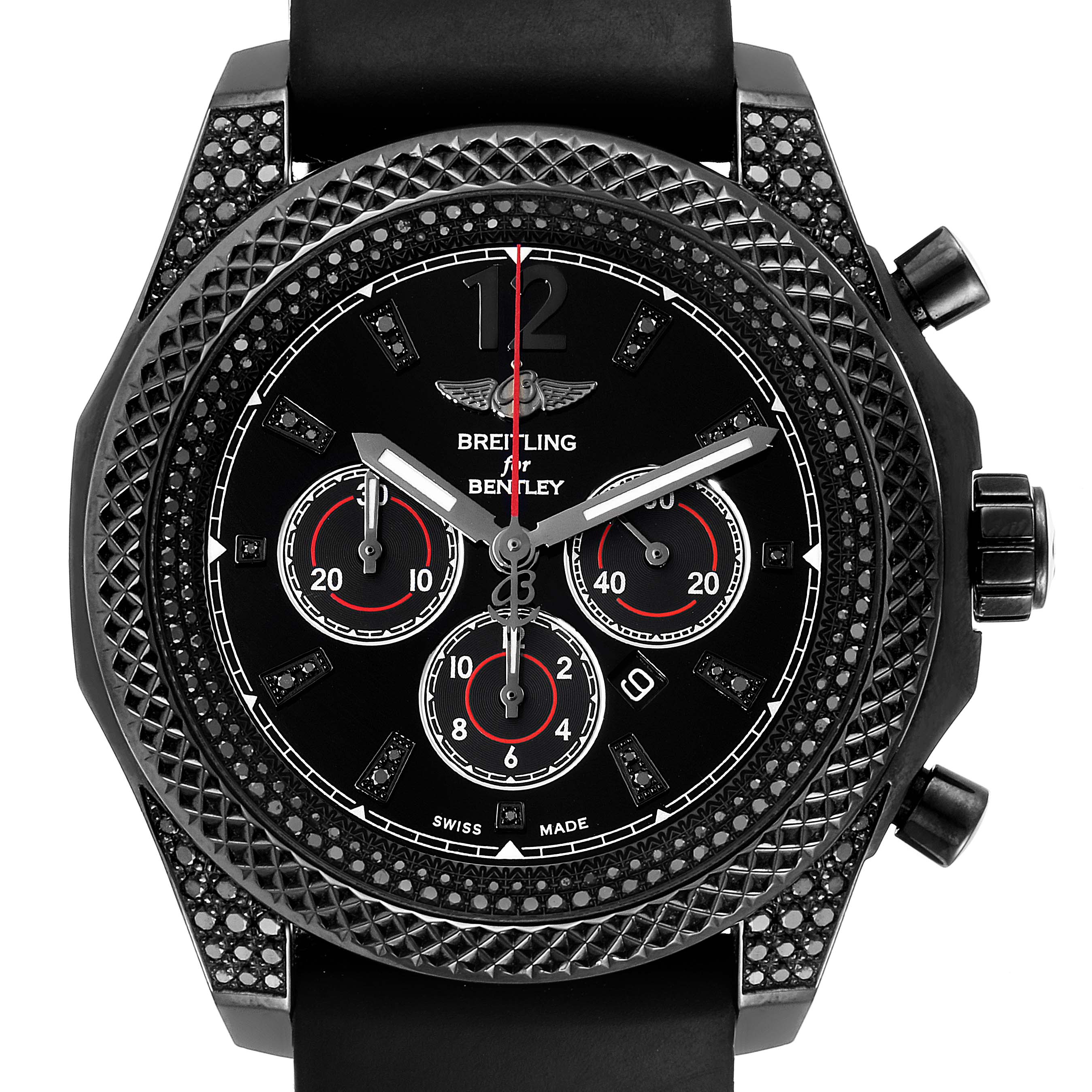 The image shows a frontal view of the Breitling Bentley M41390 Men's Stainless Steel Black Dial M41390 Men's Stainless Steel Black Dial watch, highlighting its black dial, three subdials, and textured bezel.