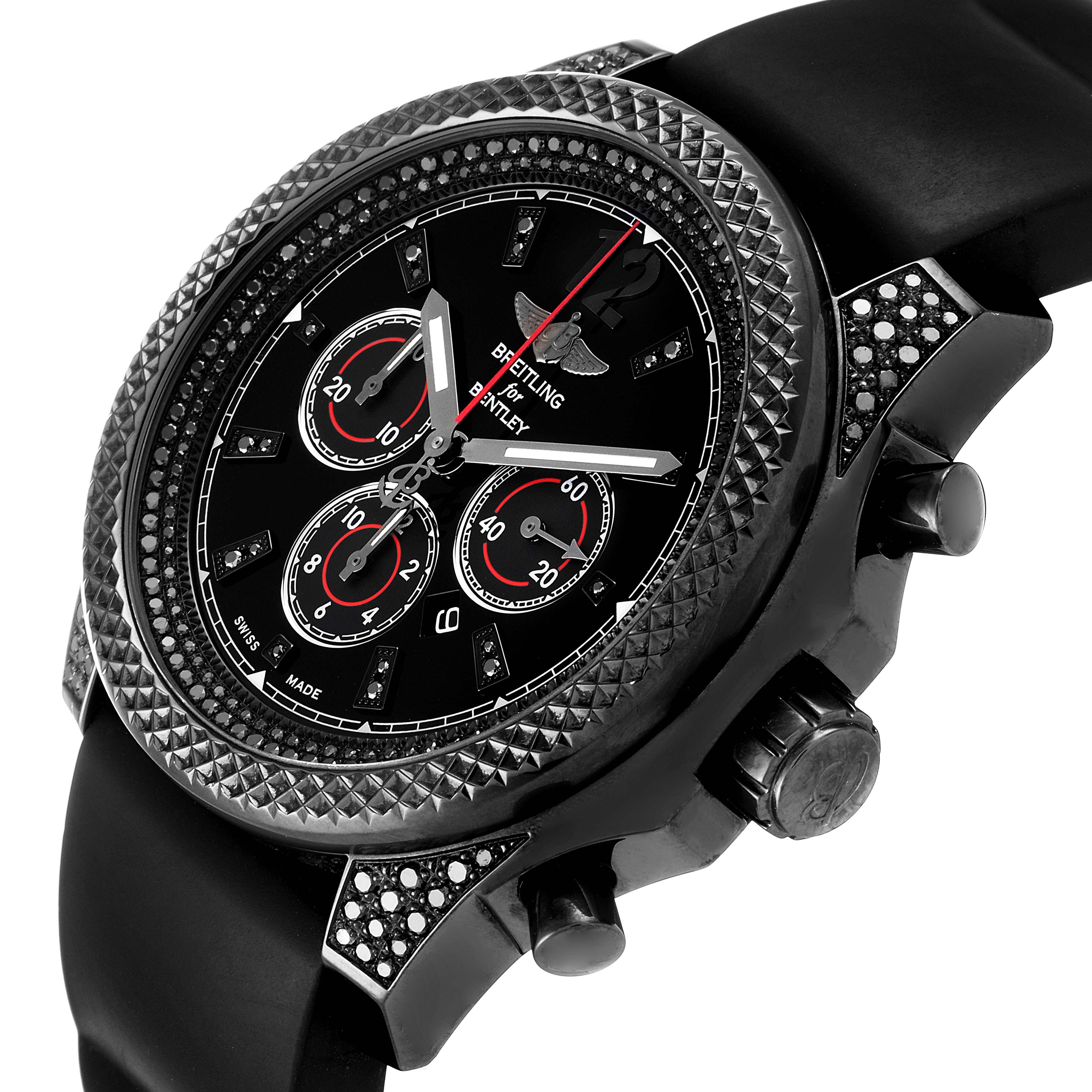 The image shows a close-up, angled view of a Breitling Bentley M41390 Men's Stainless Steel Black Dial M41390 Men's Stainless Steel Black Dial watch, highlighting its bezel, dial, and pushers.