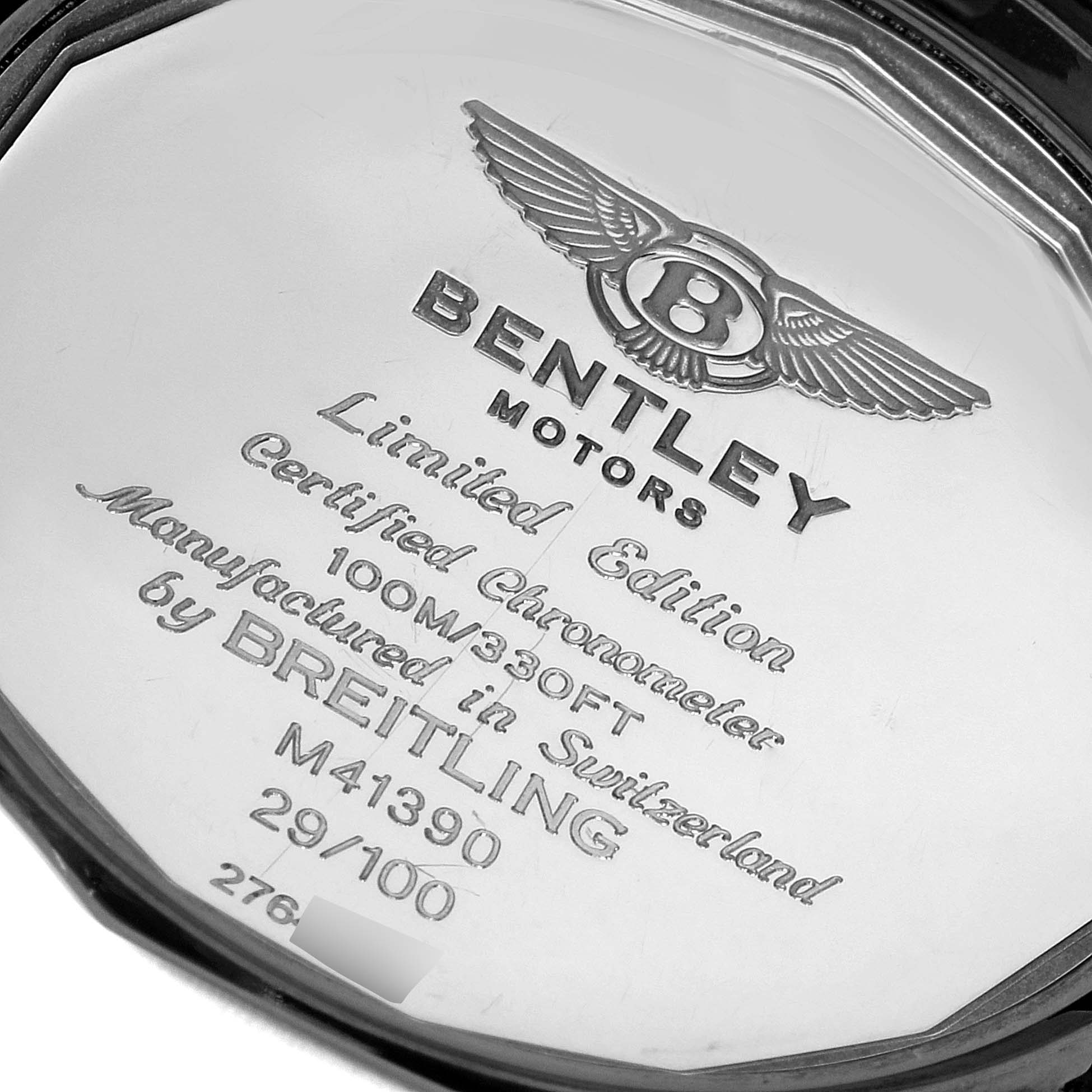 The image shows the case back of a Breitling Bentley M41390 Men's Stainless Steel Black Dial M41390 Men's Stainless Steel Black Dial model watch, indicating it is a limited edition, certified chronometer.