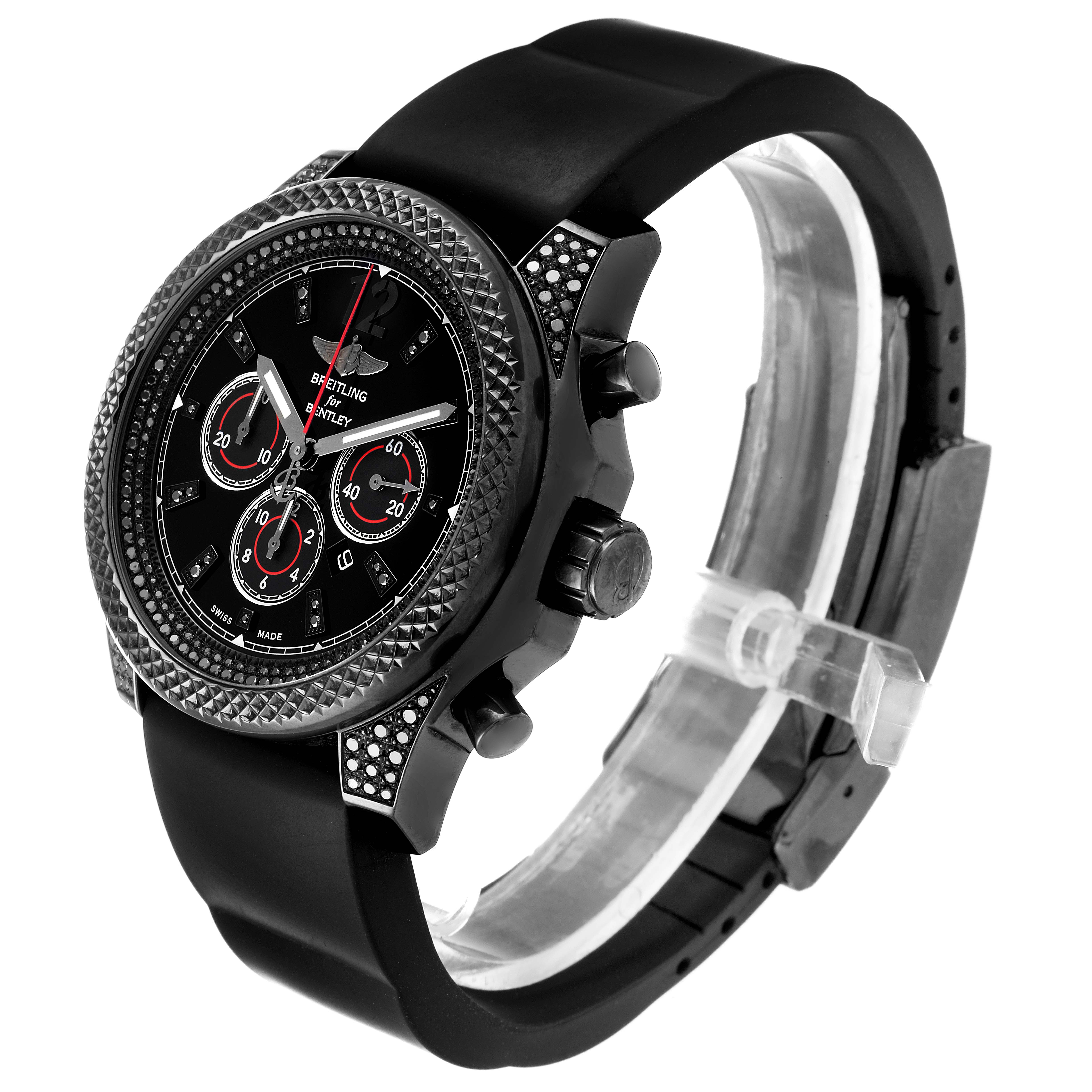 This image shows a Breitling Bentley M41390 Men's Stainless Steel Black Dial M41390 Men's Stainless Steel Black Dial watch at a three-quarter angle, highlighting its black strap, face, and side buttons.