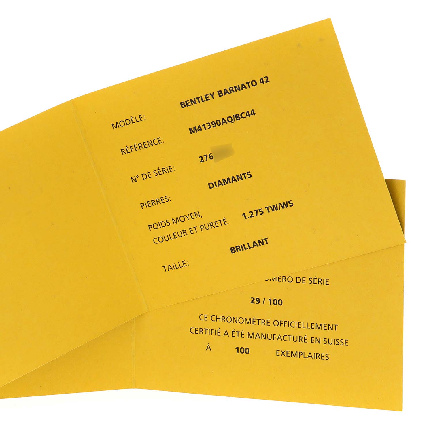 The image shows a yellow certificate for the Breitling Bentley M41390 Men's Stainless Steel Black Dial M41390 Men's Stainless Steel Black Dial Barnato 42 model watch, detailing specifications and authenticity.