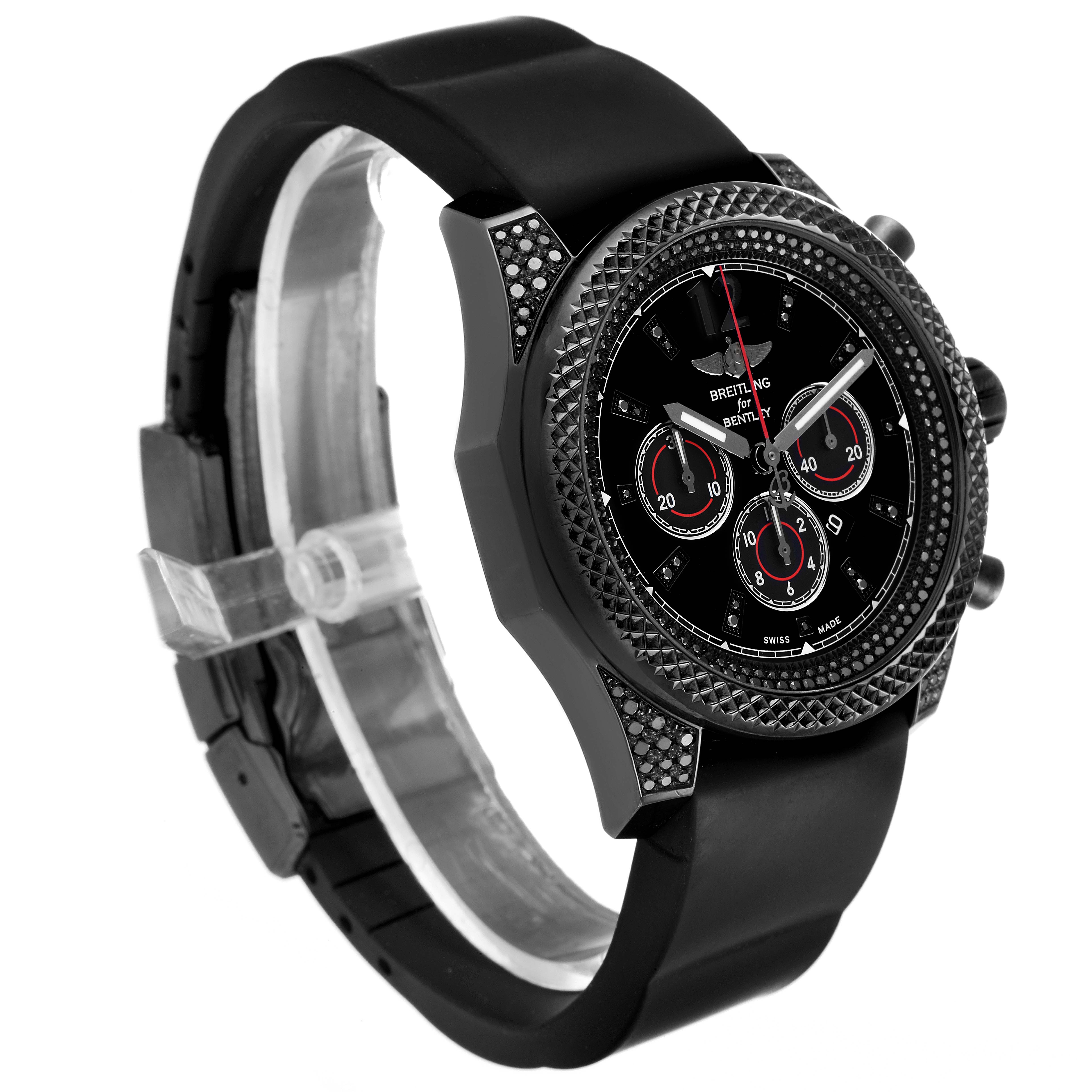 The image shows a side angle of the Breitling Bentley M41390 Men's Stainless Steel Black Dial M41390 Men's Stainless Steel Black Dial watch, highlighting the bezel, dial, and strap.