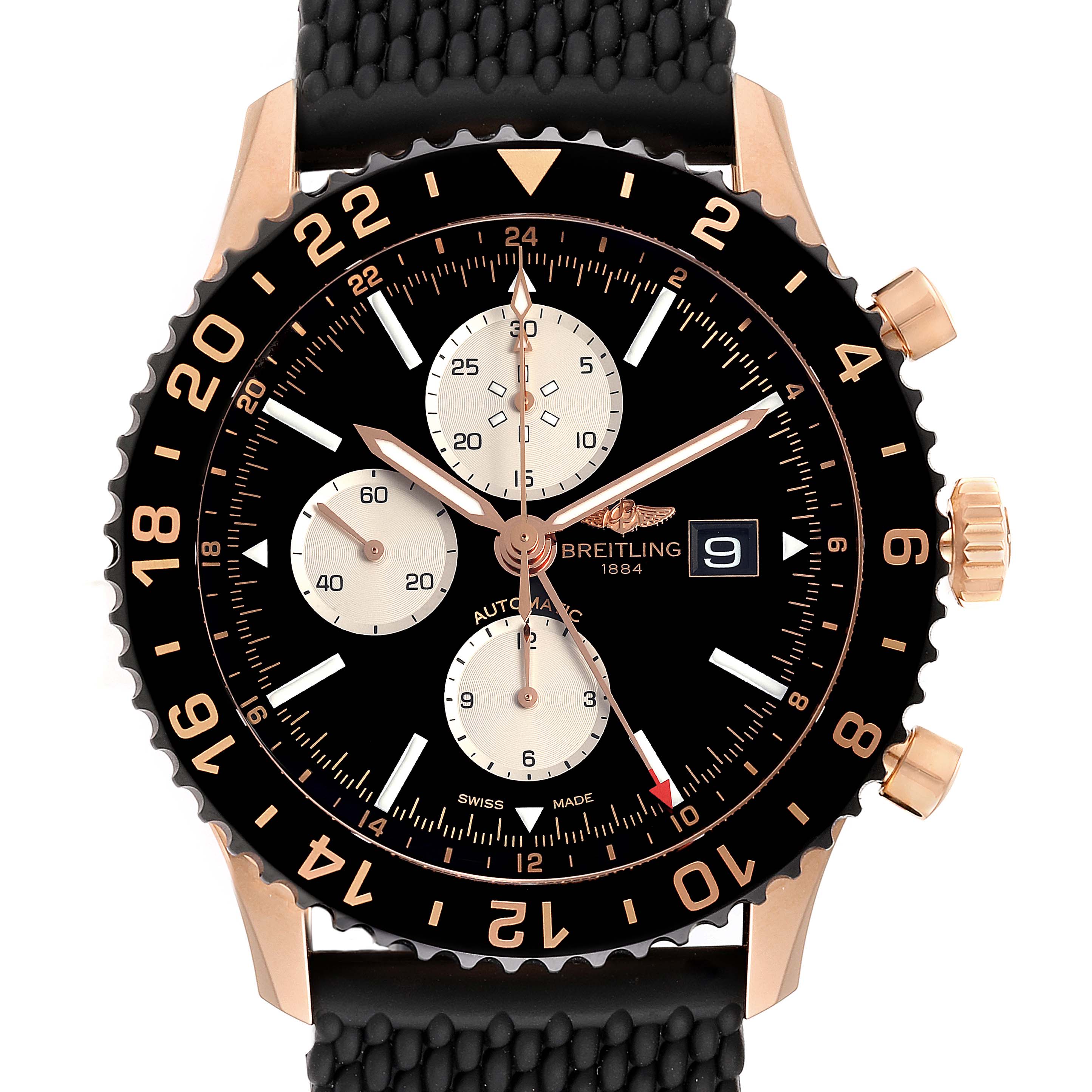 The image shows a front view of a Breitling Chronoliner R2431212/BE83-256S Men's Rose Gold Black Dial R2431212/BE83-256S Men's Rose Gold Black Dial watch, displaying its face, bezel, and crown details.
