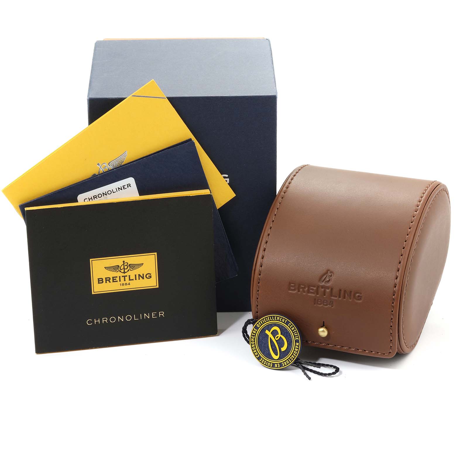 The image shows the Breitling Chronoliner R2431212/BE83-256S Men's Rose Gold Black Dial R2431212/BE83-256S Men's Rose Gold Black Dial watch box, manuals, and leather carrying case, angled slightly from the front.