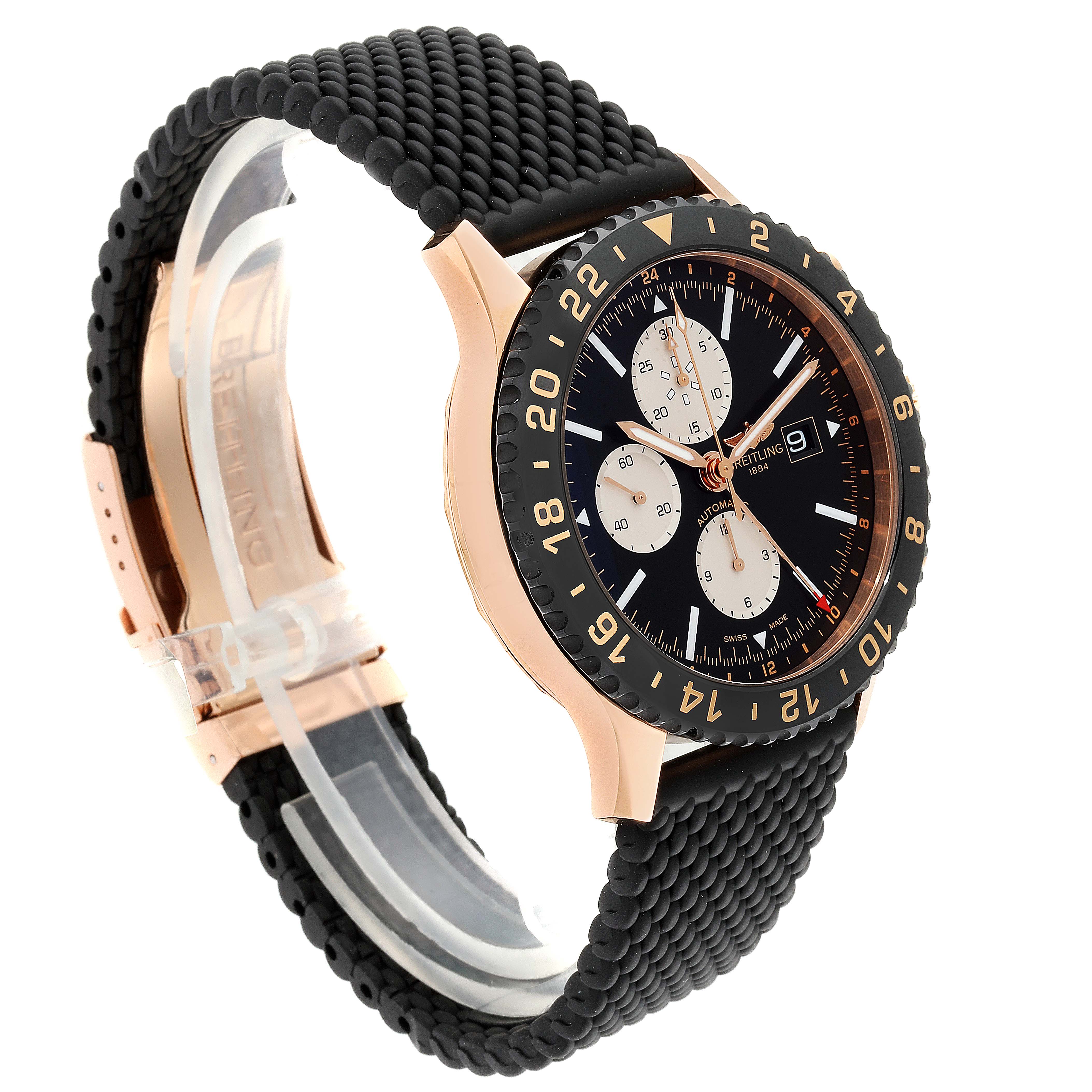 The image shows the Breitling Chronoliner R2431212/BE83-256S Men's Rose Gold Black Dial R2431212/BE83-256S Men's Rose Gold Black Dial watch from a three-quarter angle, highlighting the dial, bezel, and textured strap.