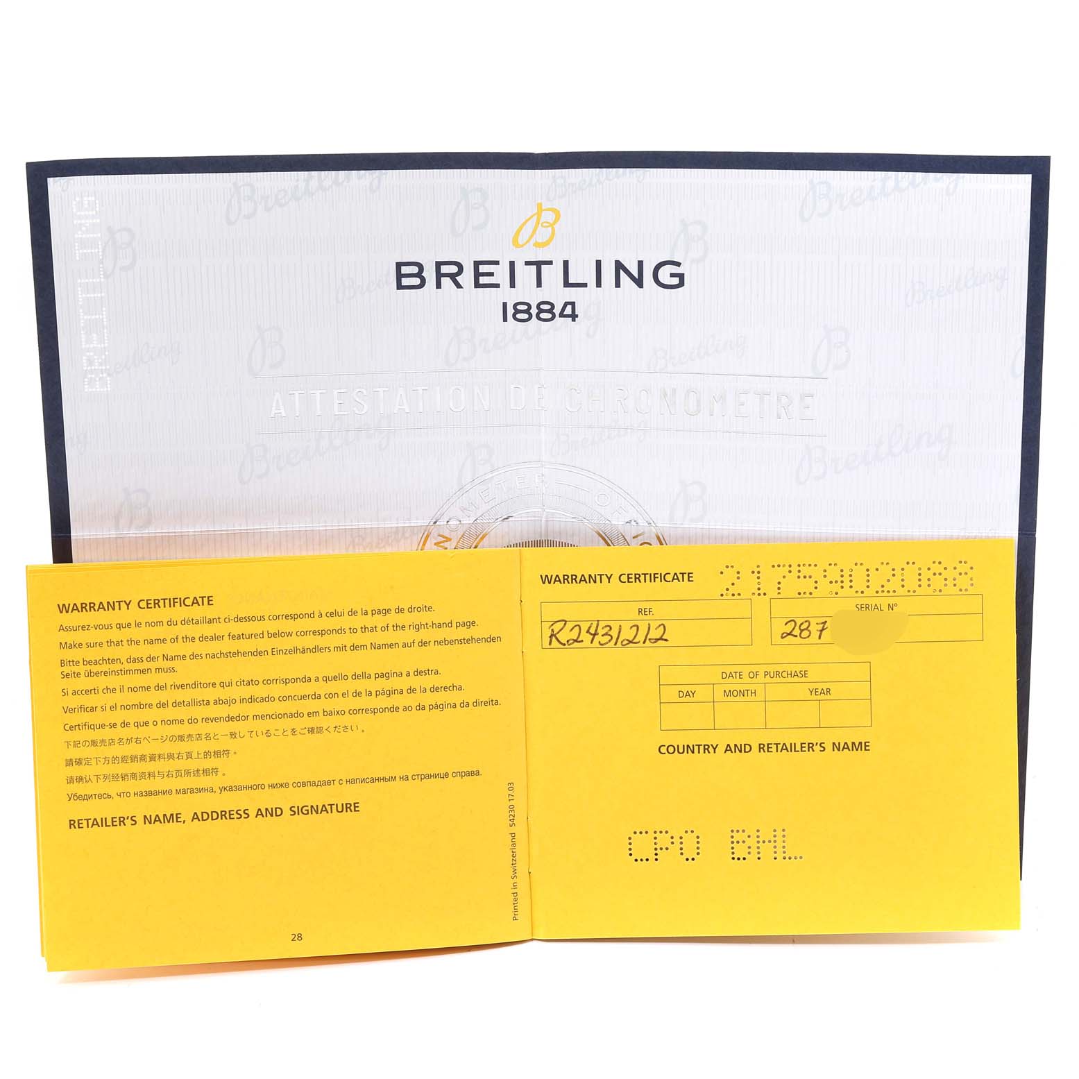 The image shows a warranty certificate for the Breitling Chronoliner R2431212/BE83-256S Men's Rose Gold Black Dial R2431212/BE83-256S Men's Rose Gold Black Dial model, with the certificate booklet open.