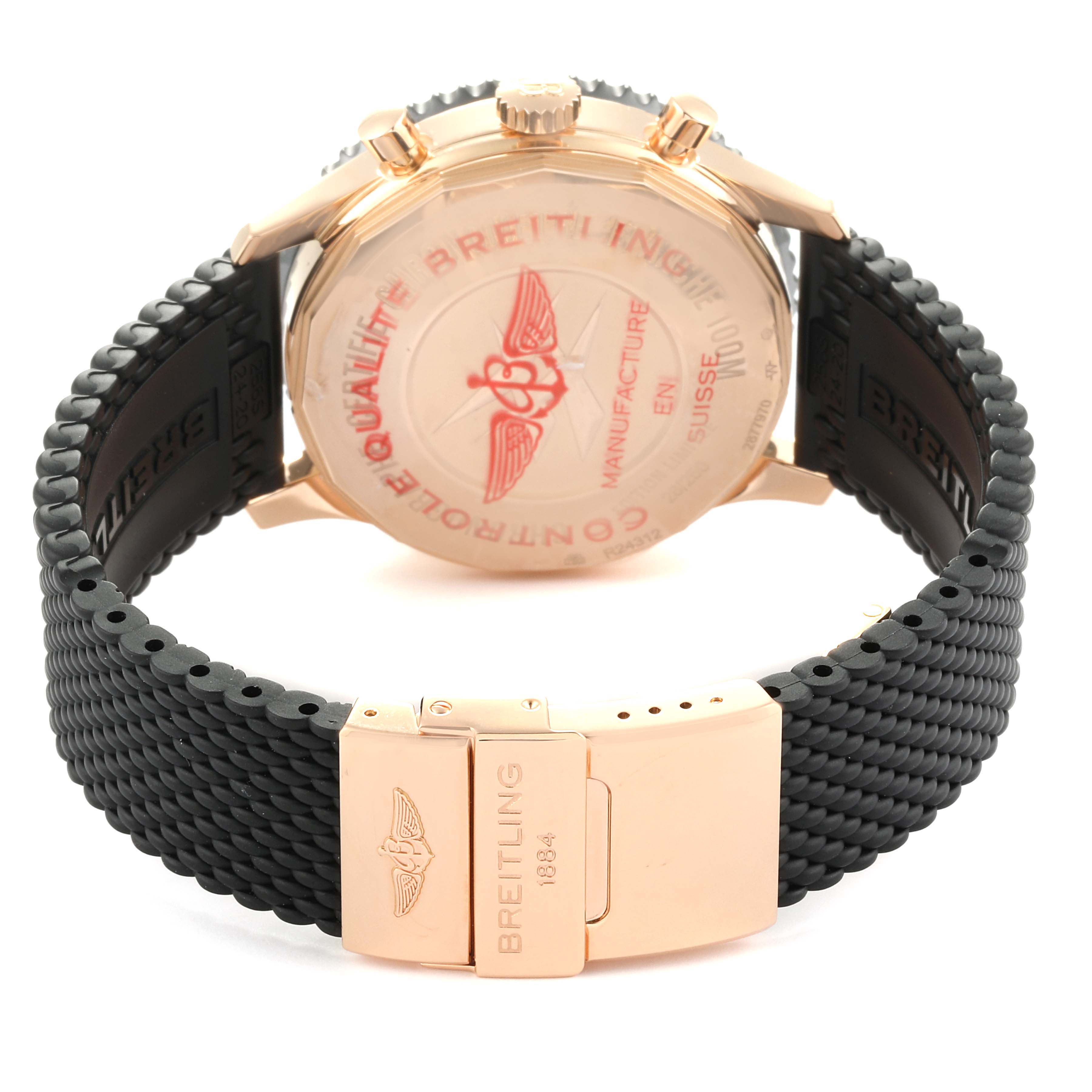 This image shows the back and clasp of a Breitling Chronoliner R2431212/BE83-256S Men's Rose Gold Black Dial R2431212/BE83-256S Men's Rose Gold Black Dial watch, highlighting the strap and back case details.