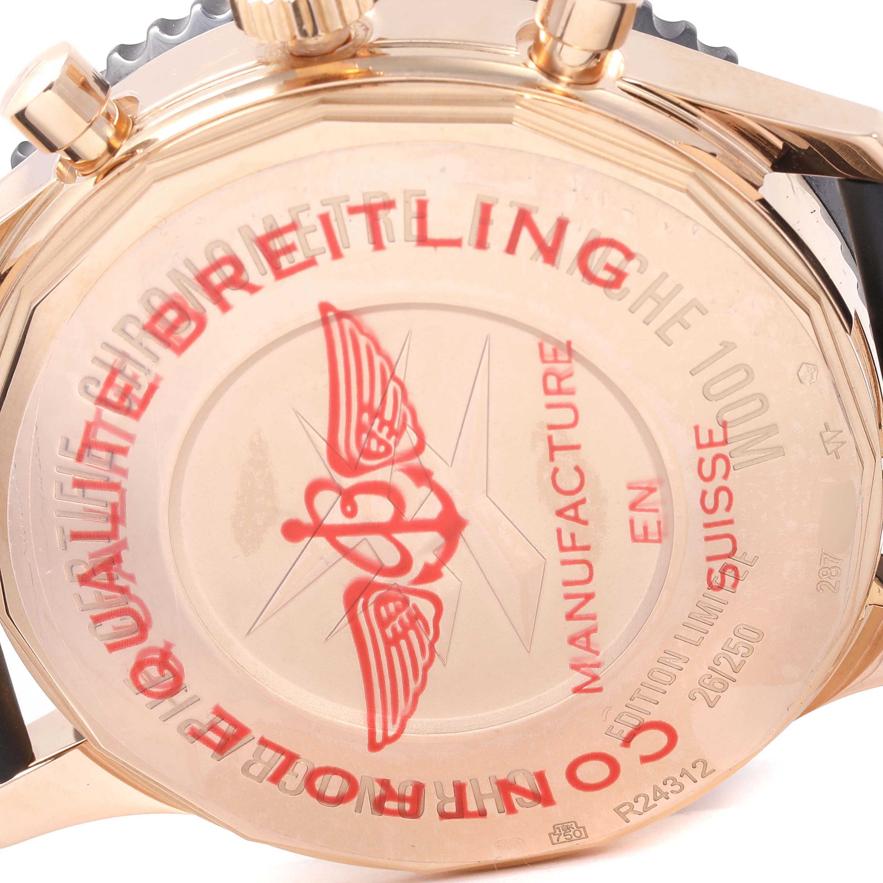 The image shows the back case of a Breitling Chronoliner R2431212/BE83-256S Men's Rose Gold Black Dial R2431212/BE83-256S Men's Rose Gold Black Dial watch, highlighting the engraved branding and model details.