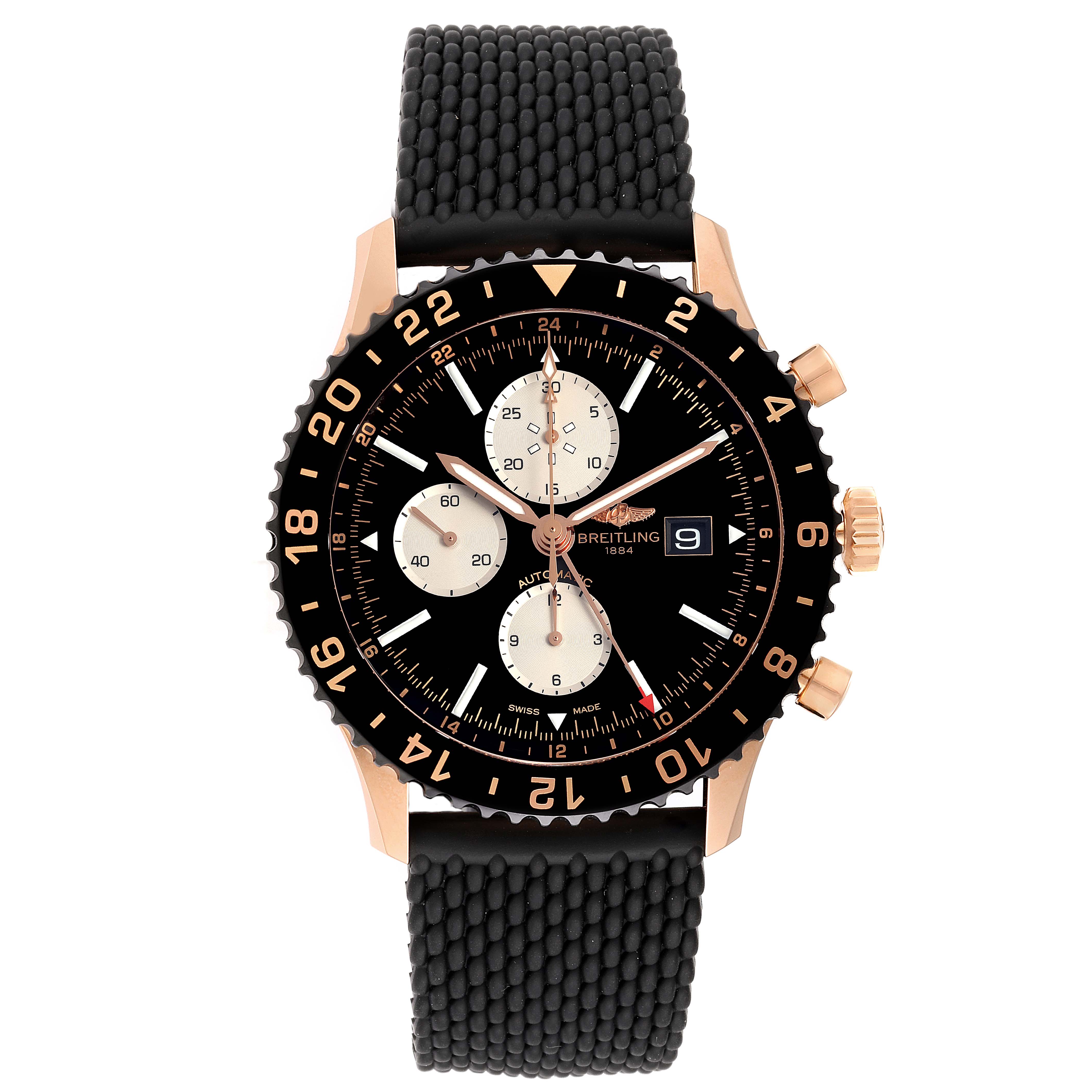 The Breitling Chronoliner R2431212/BE83-256S Men's Rose Gold Black Dial R2431212/BE83-256S Men's Rose Gold Black Dial watch is shown from the front, displaying the dial, bezel, pushers, and strap.