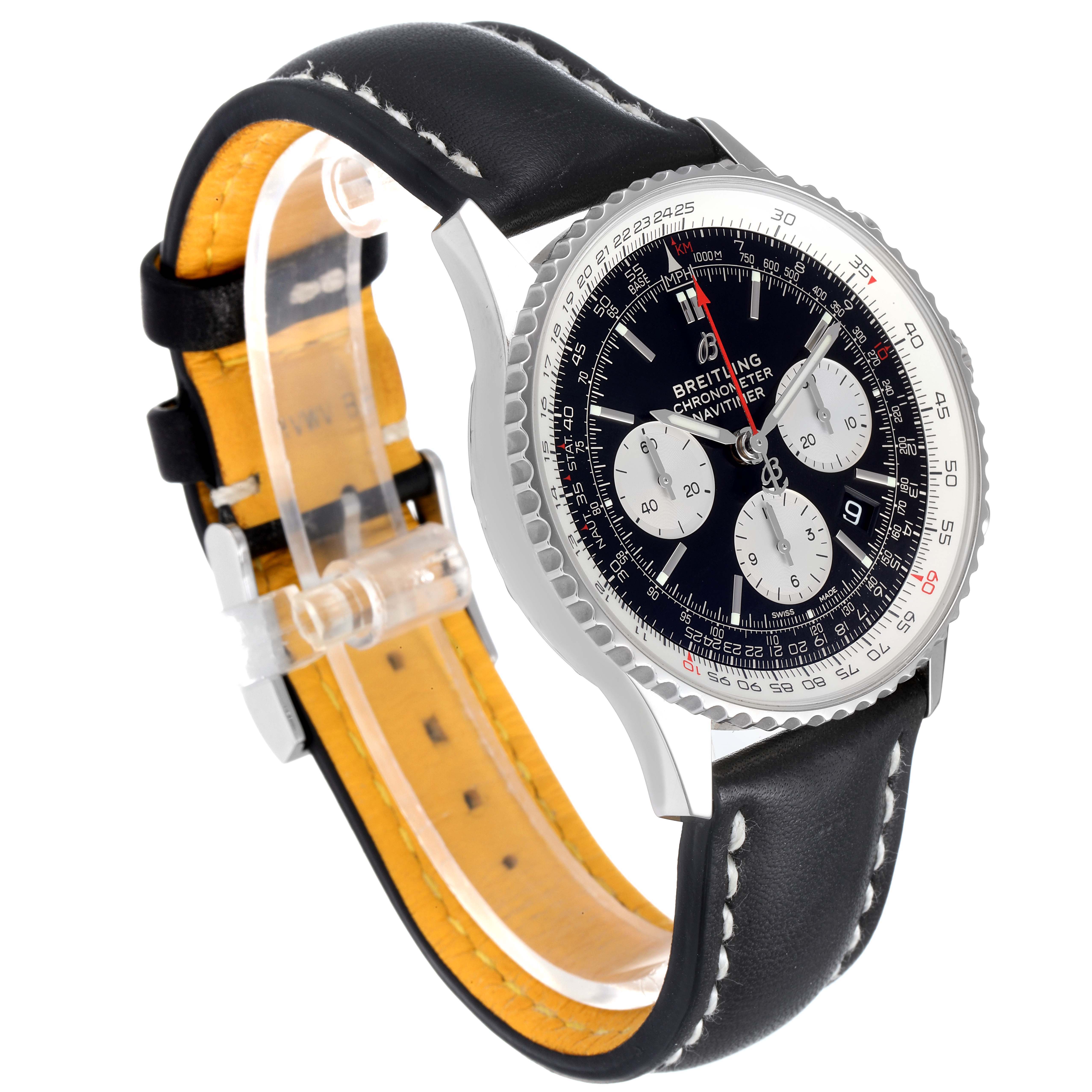 This image shows a Breitling Navitimer AB0121 Men's Stainless Steel Black Dial AB0121 Men's Stainless Steel Black Dial watch at an angled side view, highlighting the face, bezel, and leather strap.