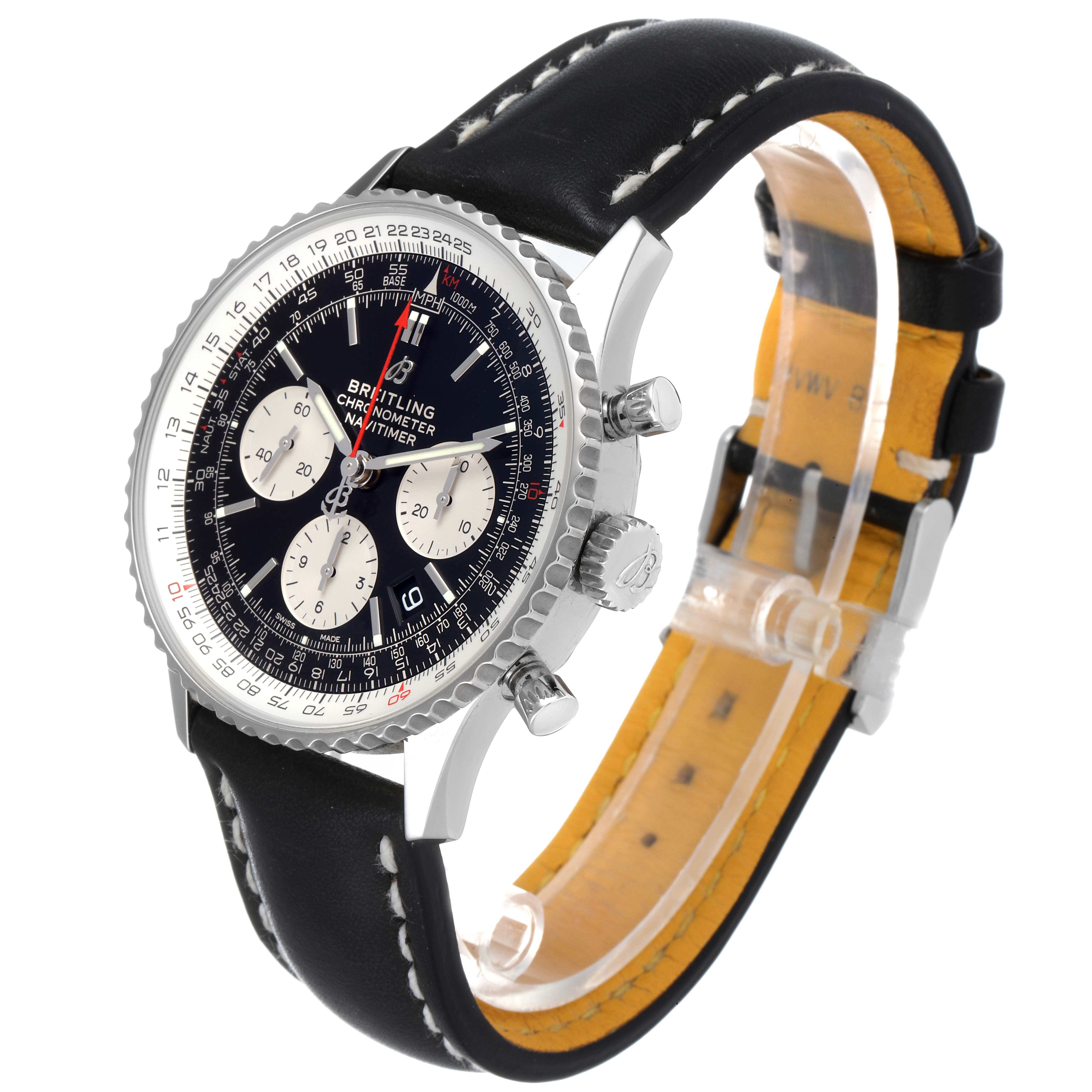 This image shows a Breitling Navitimer AB0121 Men's Stainless Steel Black Dial AB0121 Men's Stainless Steel Black Dial watch at an angle emphasizing its face, stainless steel case, bezel, and leather strap.