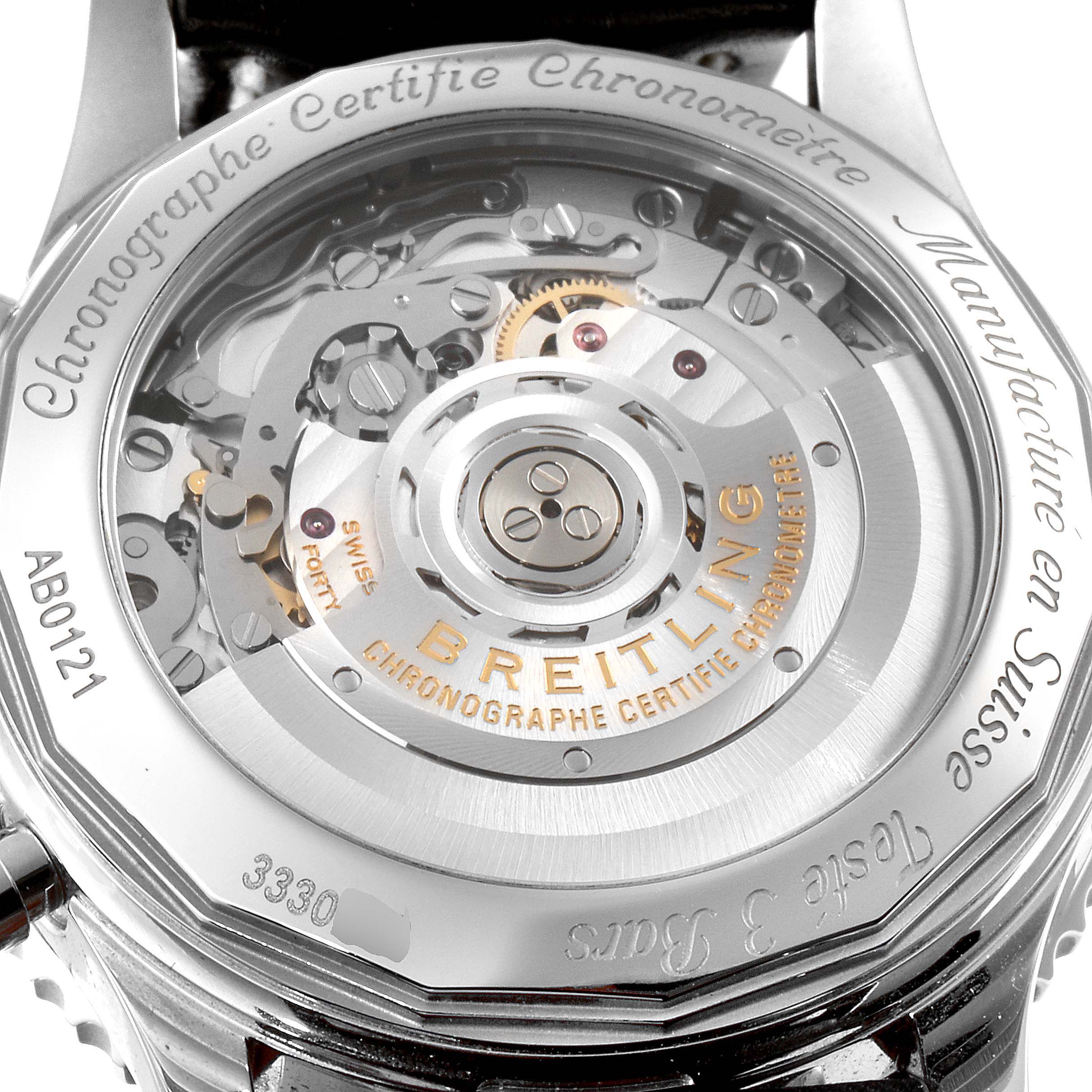 The image shows the back case of the Breitling Navitimer AB0121 Men's Stainless Steel Black Dial AB0121 Men's Stainless Steel Black Dial watch, exposing its mechanical movement and rotor.