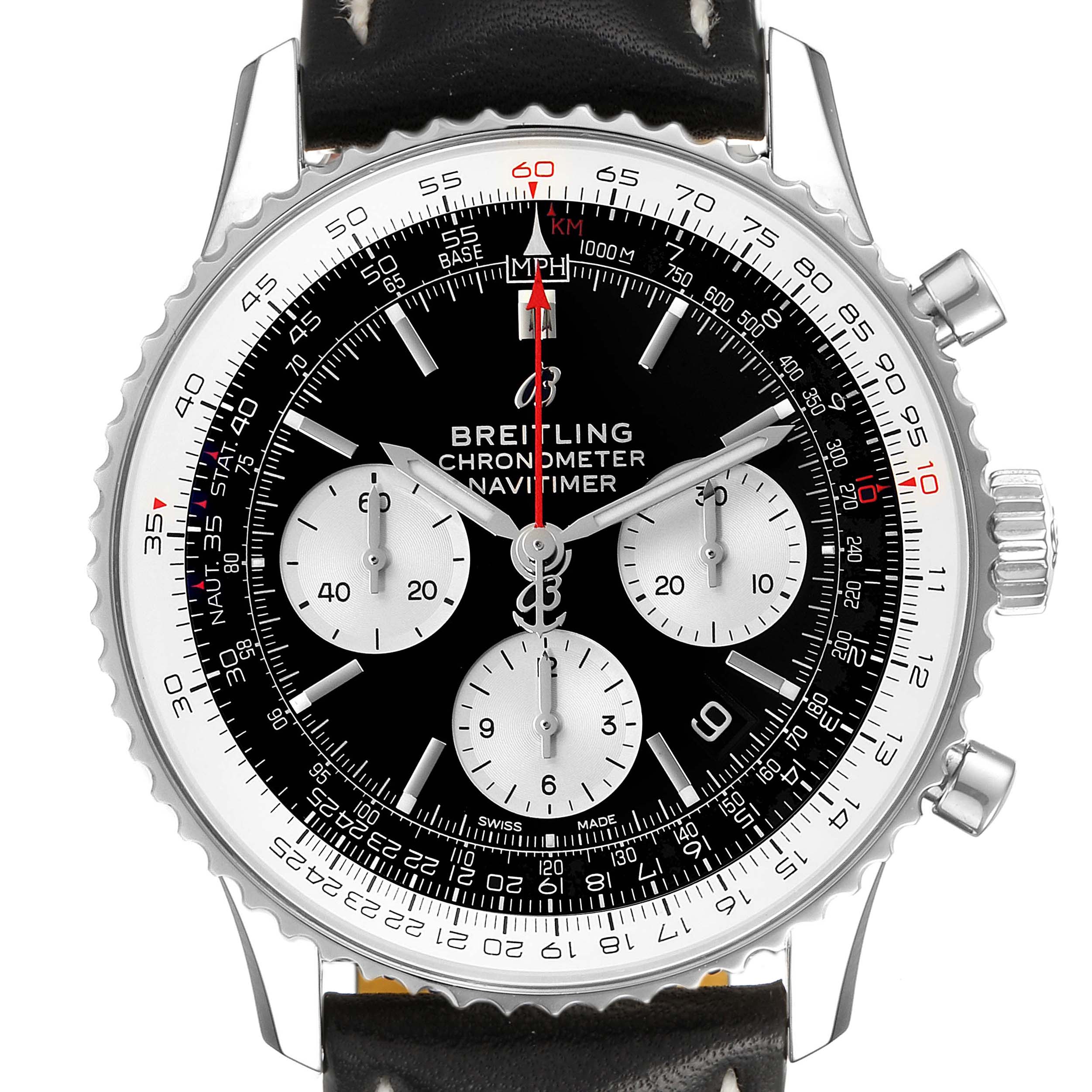 The image shows the front view of a Breitling Navitimer AB0121 Men's Stainless Steel Black Dial AB0121 Men's Stainless Steel Black Dial watch, displaying its dial, subdials, bezel, and crown.