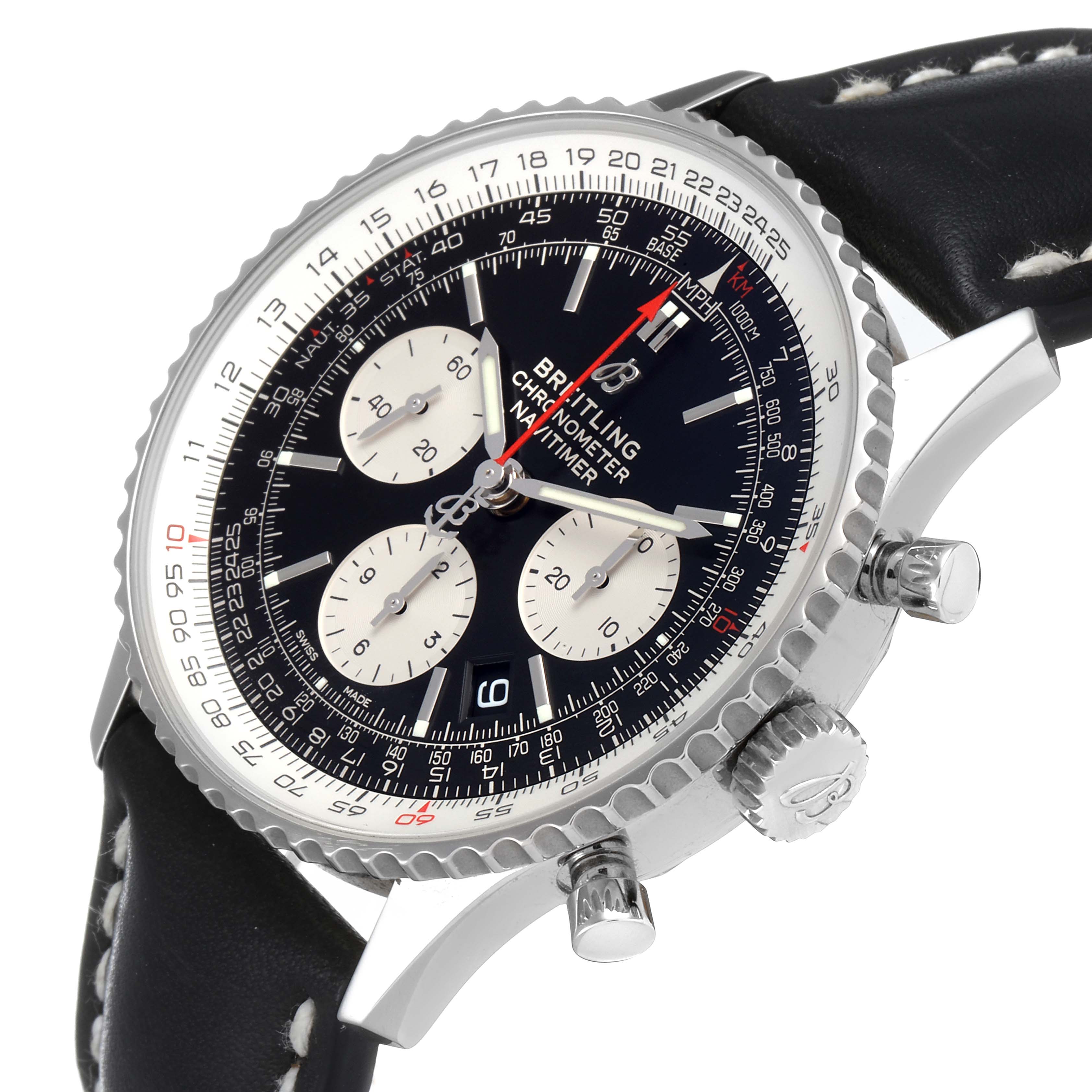 The Breitling Navitimer AB0121 Men's Stainless Steel Black Dial AB0121 Men's Stainless Steel Black Dial watch is shown at a slight angle, highlighting the dial, bezel, chronograph subdials, and crown.