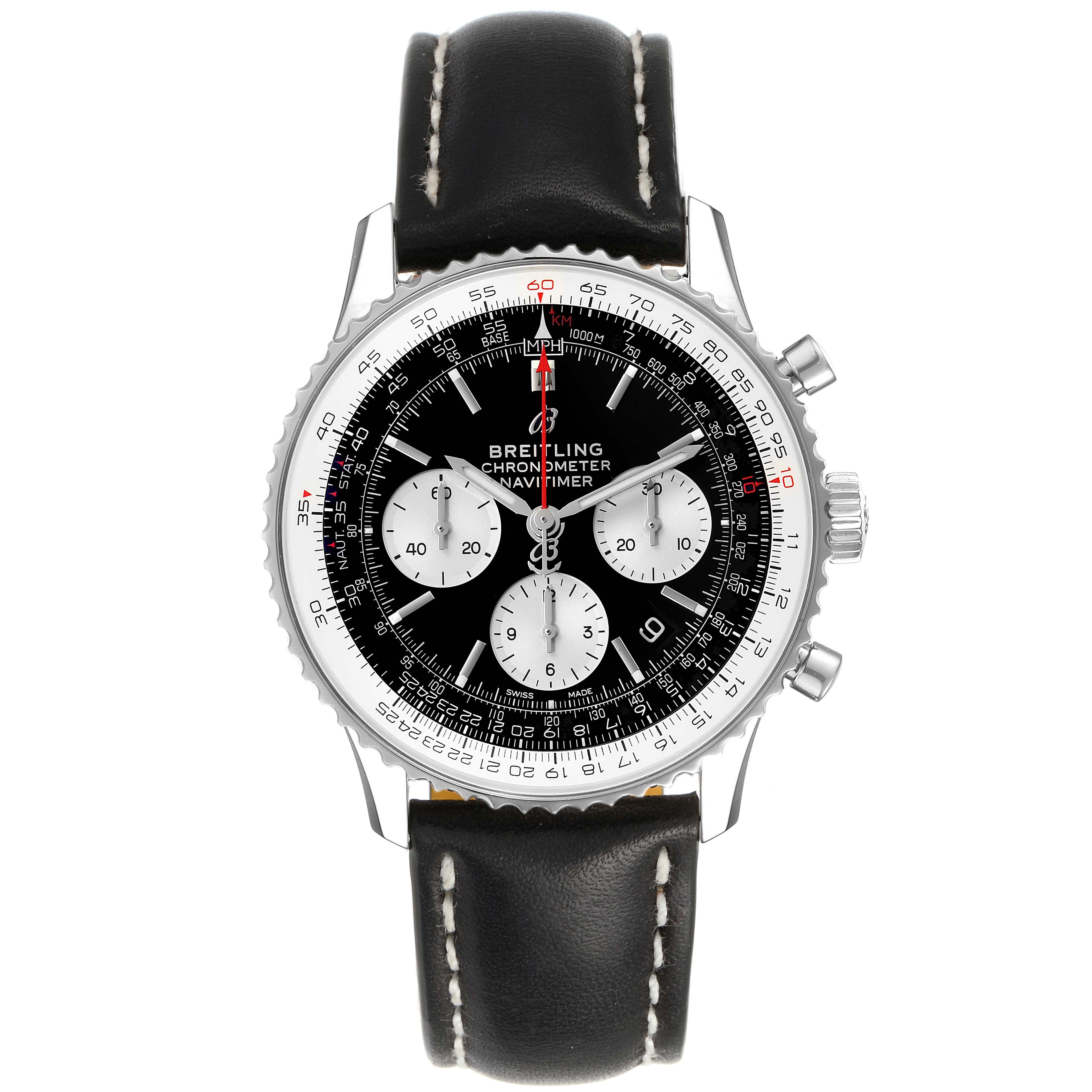 The image shows a Breitling Navitimer AB0121 Men's Stainless Steel Black Dial AB0121 Men's Stainless Steel Black Dial watch from a front view, highlighting the dial, bezel, crown, and leather strap.