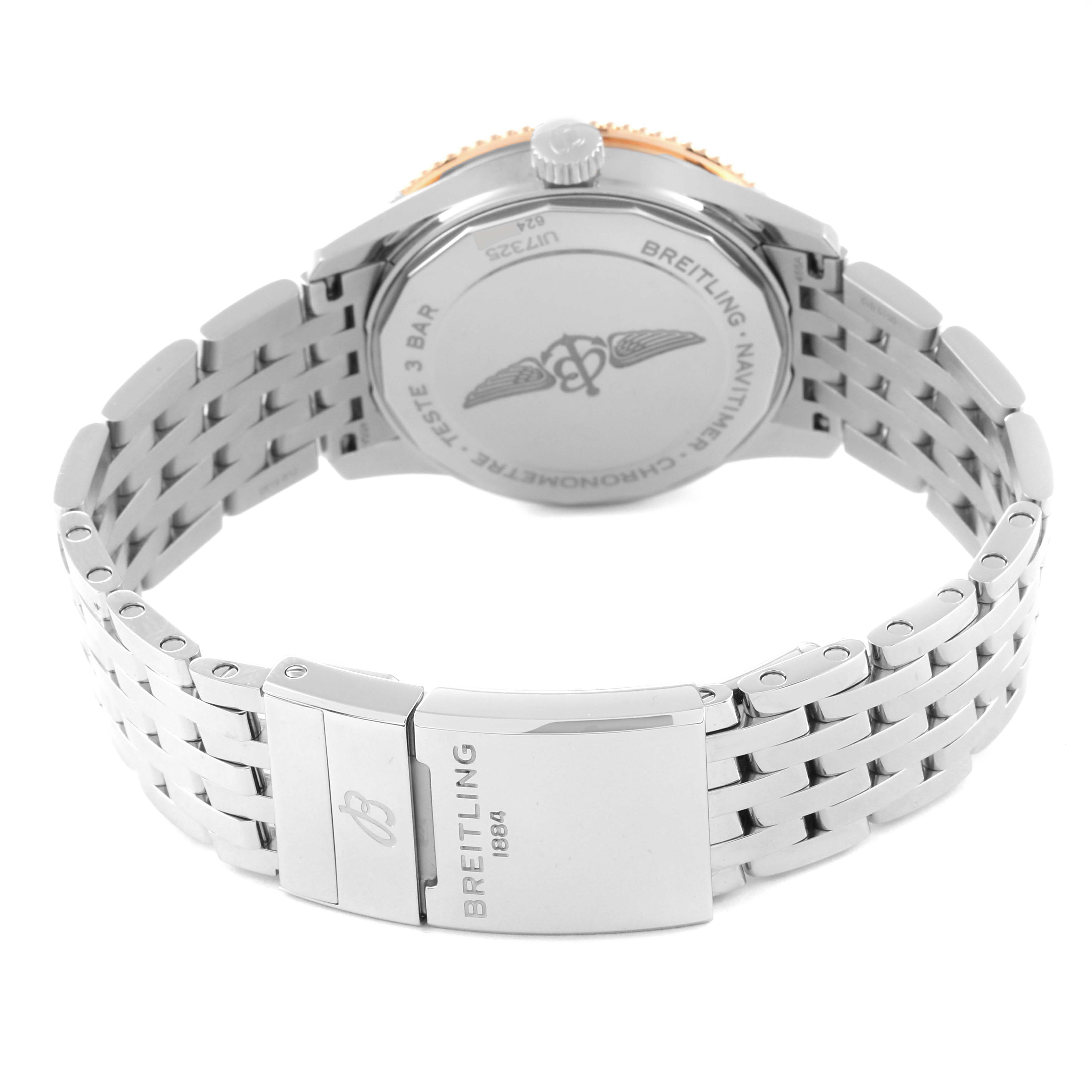 This image shows the back casing and bracelet of a Breitling Navitimer U17325 Men
s Stainless Steel Silver Dial U17325 Men
s Stainless Steel Silver Dial watch from an angled rear view.