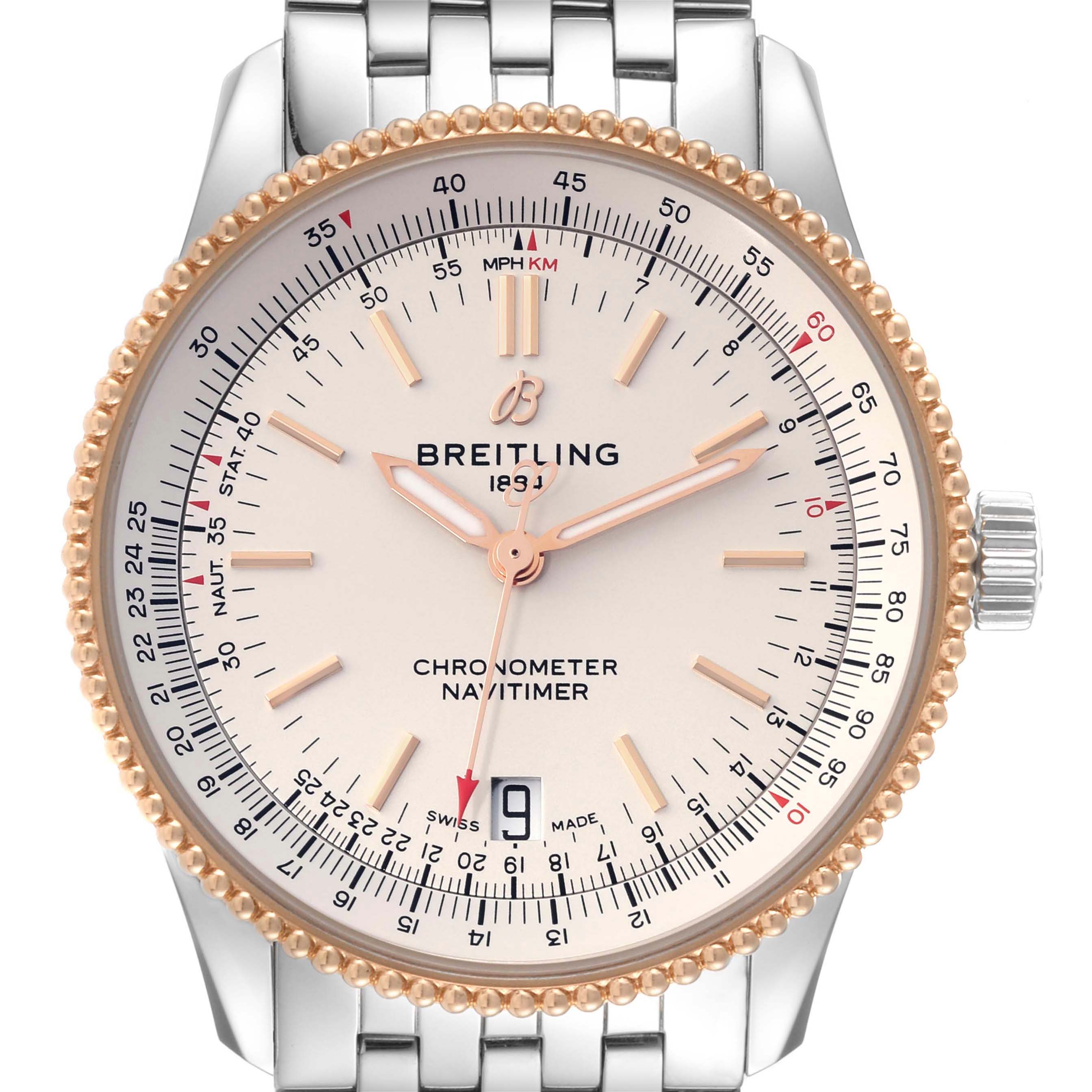 The image shows a close-up, front view of a Breitling Navitimer U17325 Men
s Stainless Steel Silver Dial U17325 Men
s Stainless Steel Silver Dial watch, highlighting the dial, bezel, and bracelet.