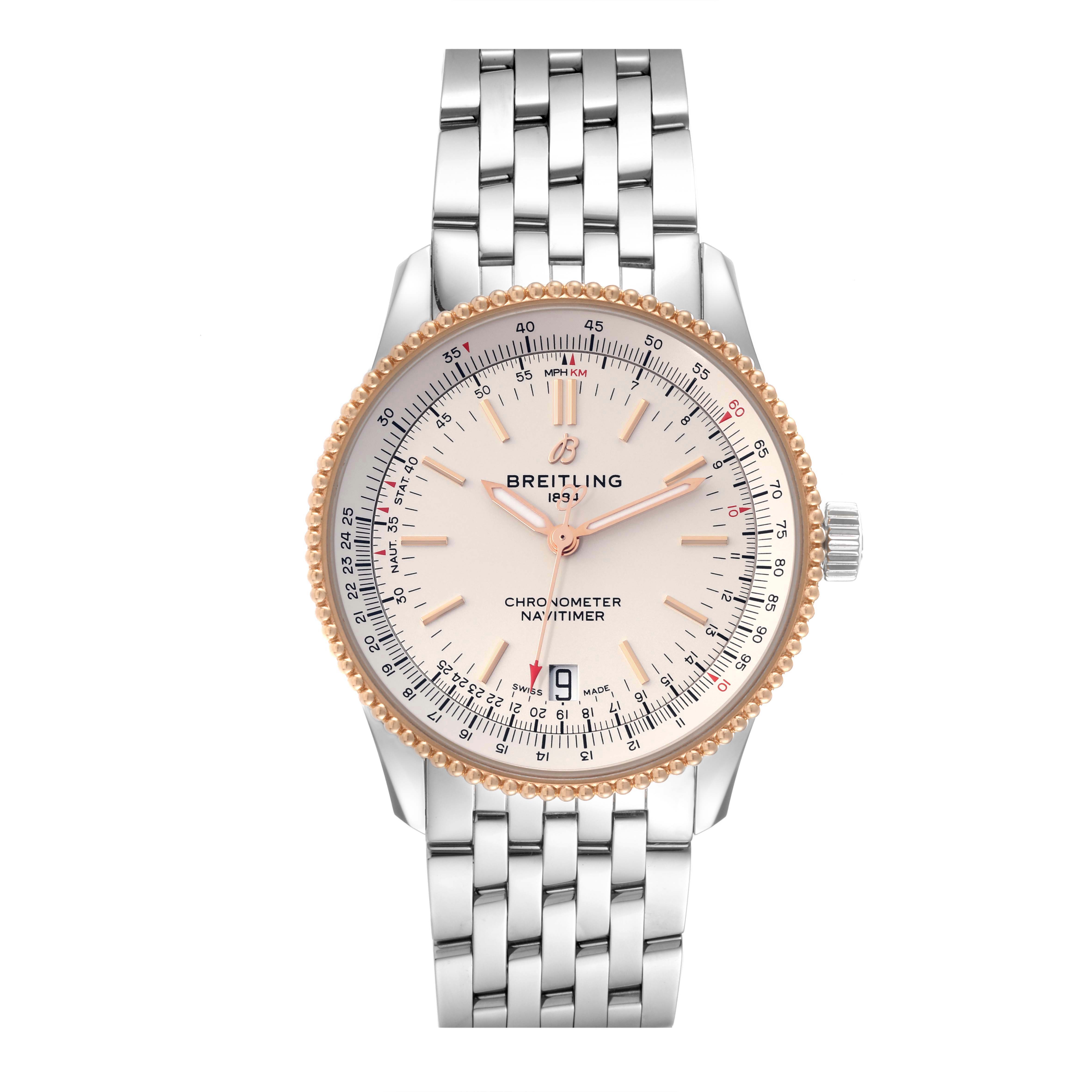 The image shows a Breitling Navitimer U17325 Men
s Stainless Steel Silver Dial U17325 Men
s Stainless Steel Silver Dial watch front view, highlighting its dial, bezel, hands, and metal bracelet.