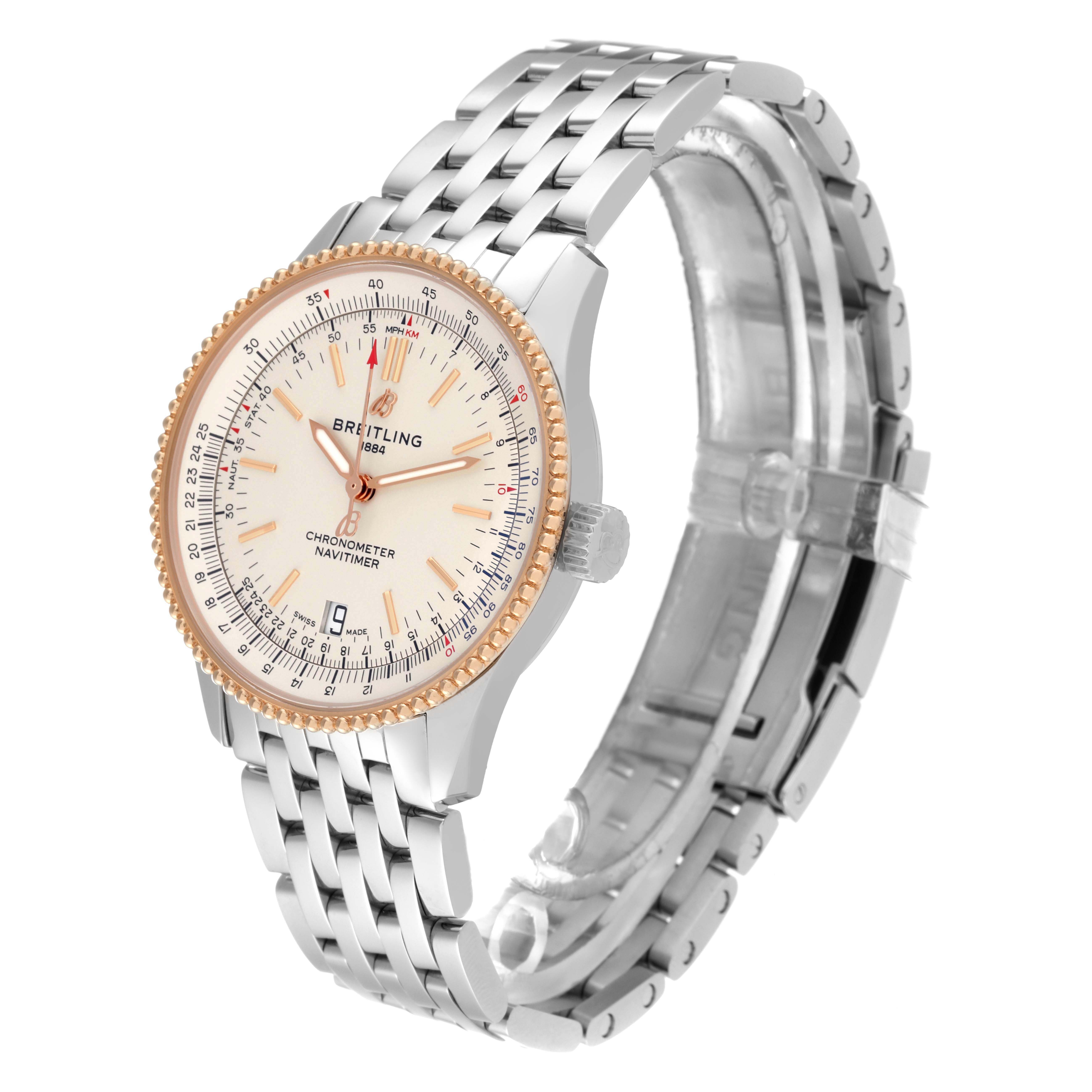 The Breitling Navitimer U17325 Men
s Stainless Steel Silver Dial U17325 Men
s Stainless Steel Silver Dial watch is shown at a three-quarter angle, highlighting its face, crown, and metal bracelet.